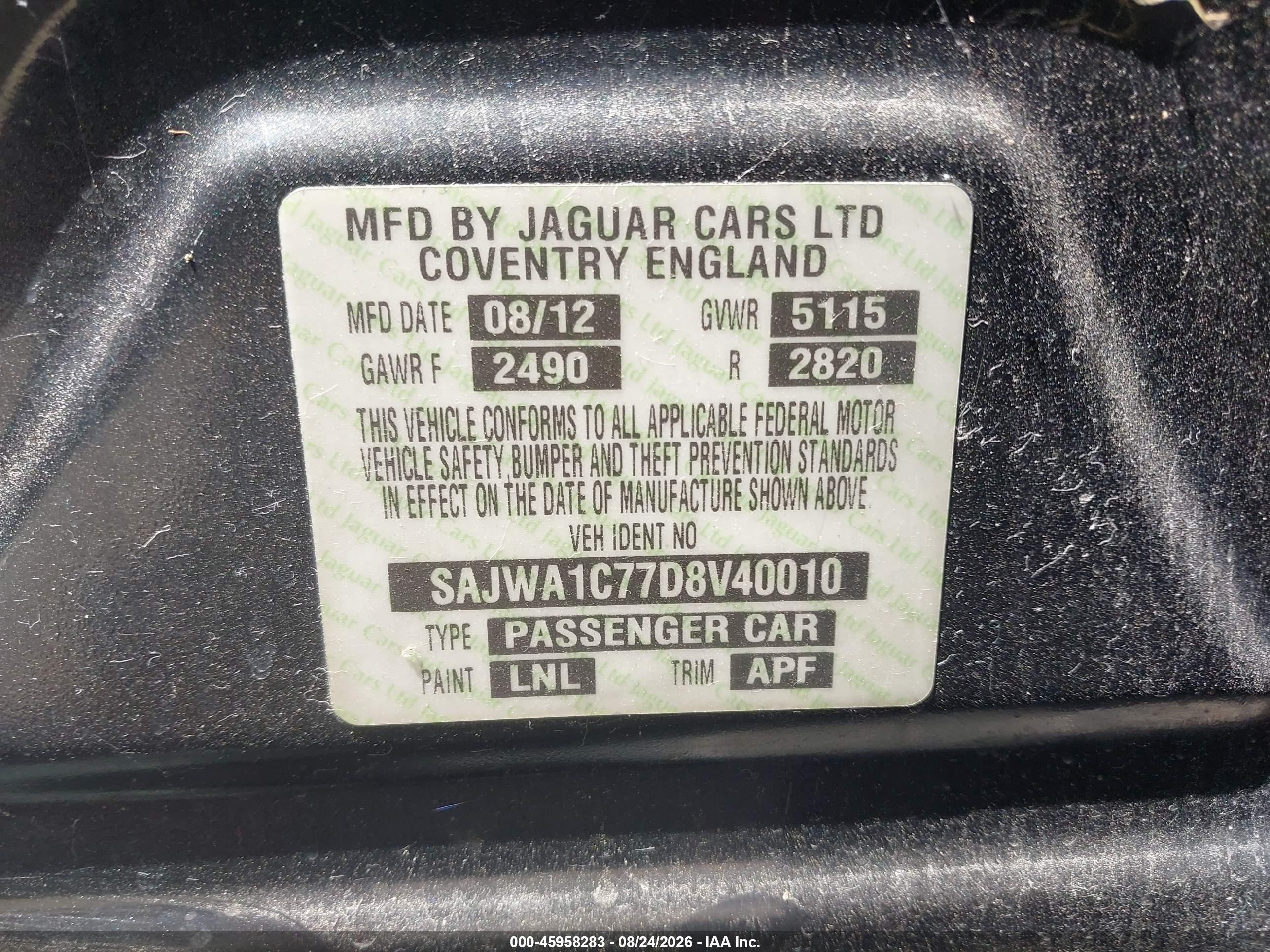 2013 Jaguar Xj VIN SAJWA1C77D8V40010 IAAI salvage auction — Normal Wear, Clear (Tennessee), sold $625 on 2026-09-09 (photo 9)