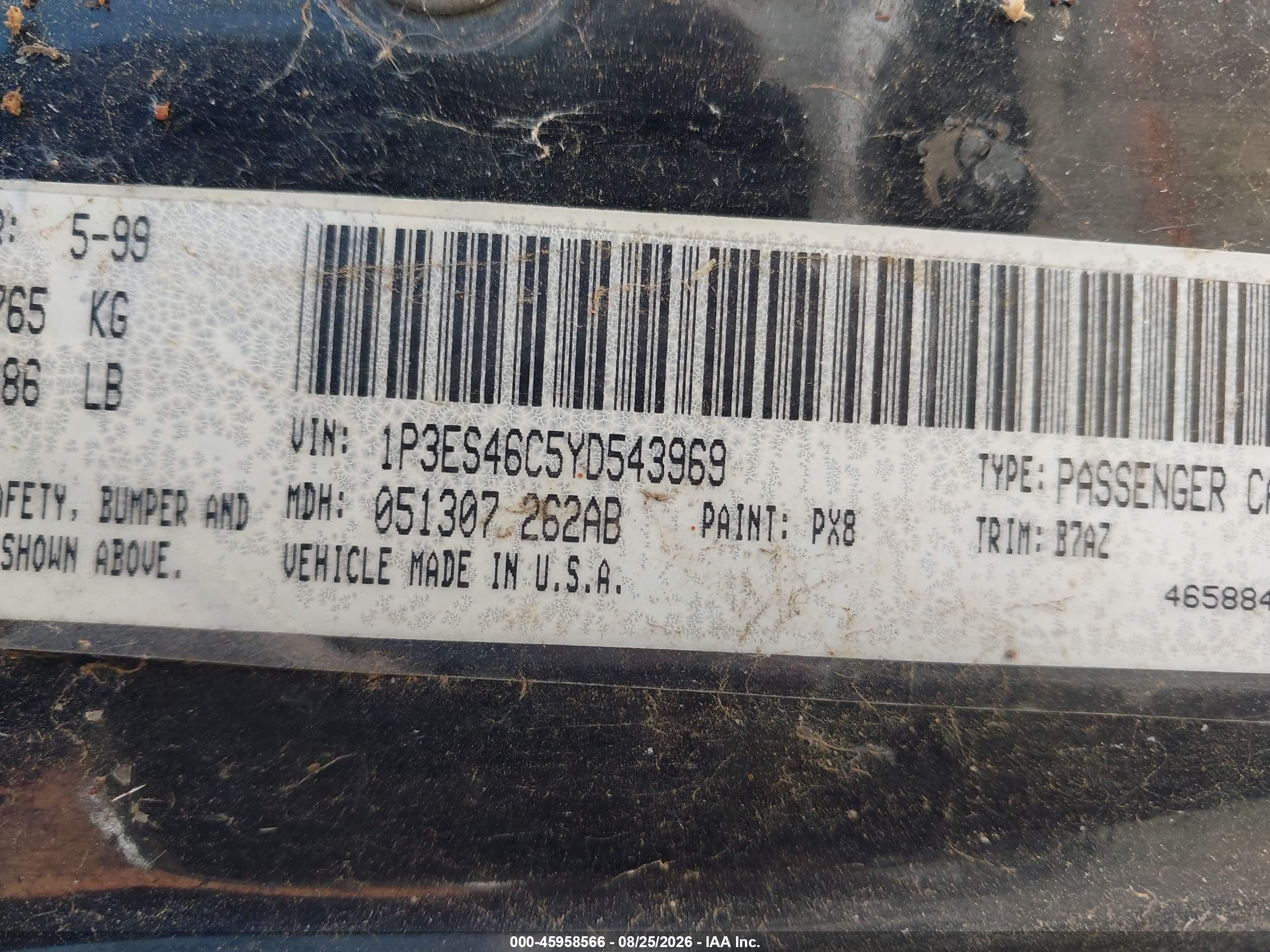 2000 Plymouth Neon VIN 1P3ES46C5YD543969 IAAI salvage auction — Side, Clear - Dealer Only (California), sold $225 on 2026-09-08 (photo 9)