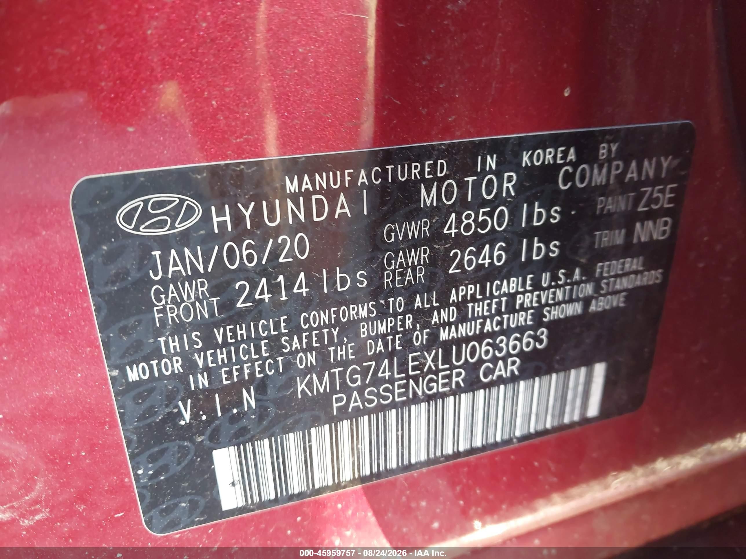 2020 Genesis G70 VIN KMTG74LEXLU063663 IAAI salvage auction — Unknown, Salvage Rebuilt (North Carolina), sold $14,000 on 2026-09-29 (photo 9)