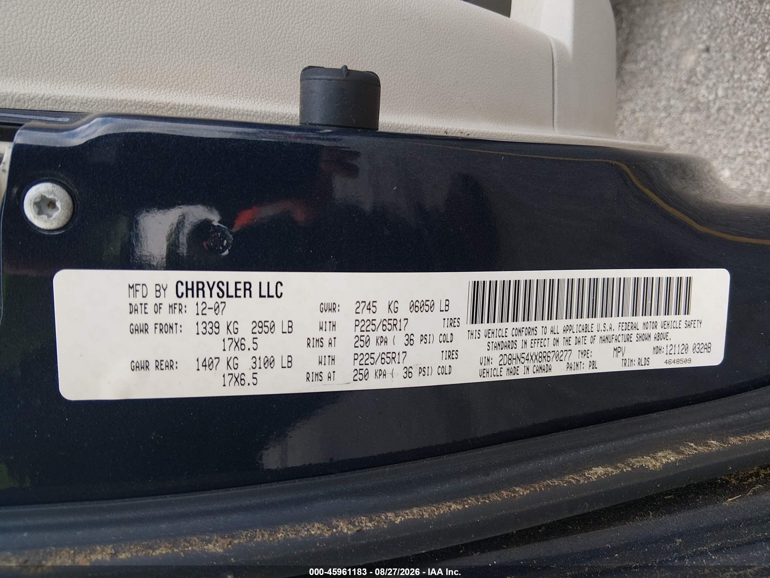 2008 Dodge Caravan VIN 2D8HN54XX8R670277 IAAI salvage auction — Normal Wear, Clear (South Carolina), sold $350 on 2026-09-09 (photo 9)