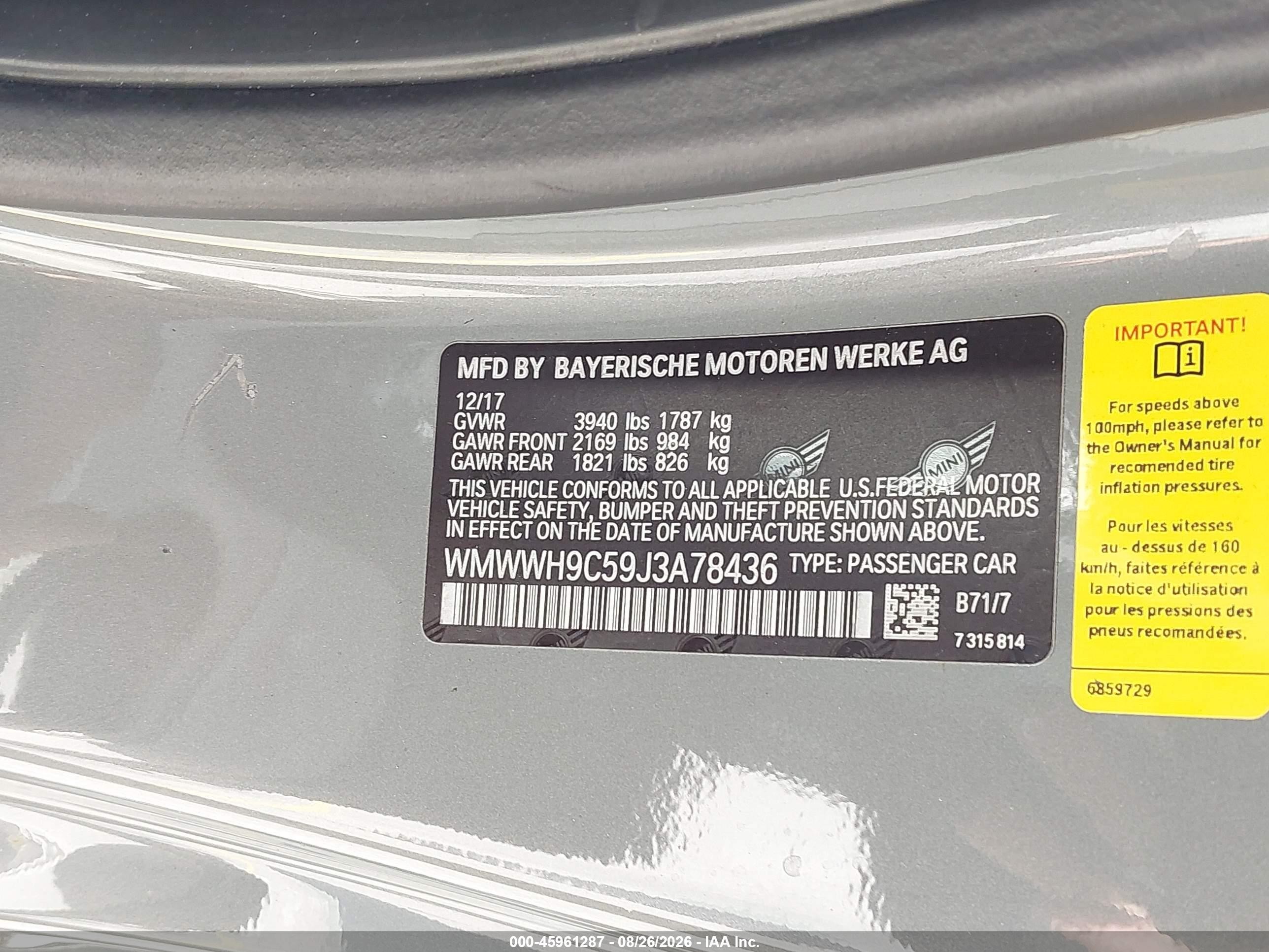 2018 Mini Convertible VIN WMWWH9C59J3A78436 IAAI salvage auction — Front End, Wait Title, sold $3,550 on 2026-09-20 (photo 9)