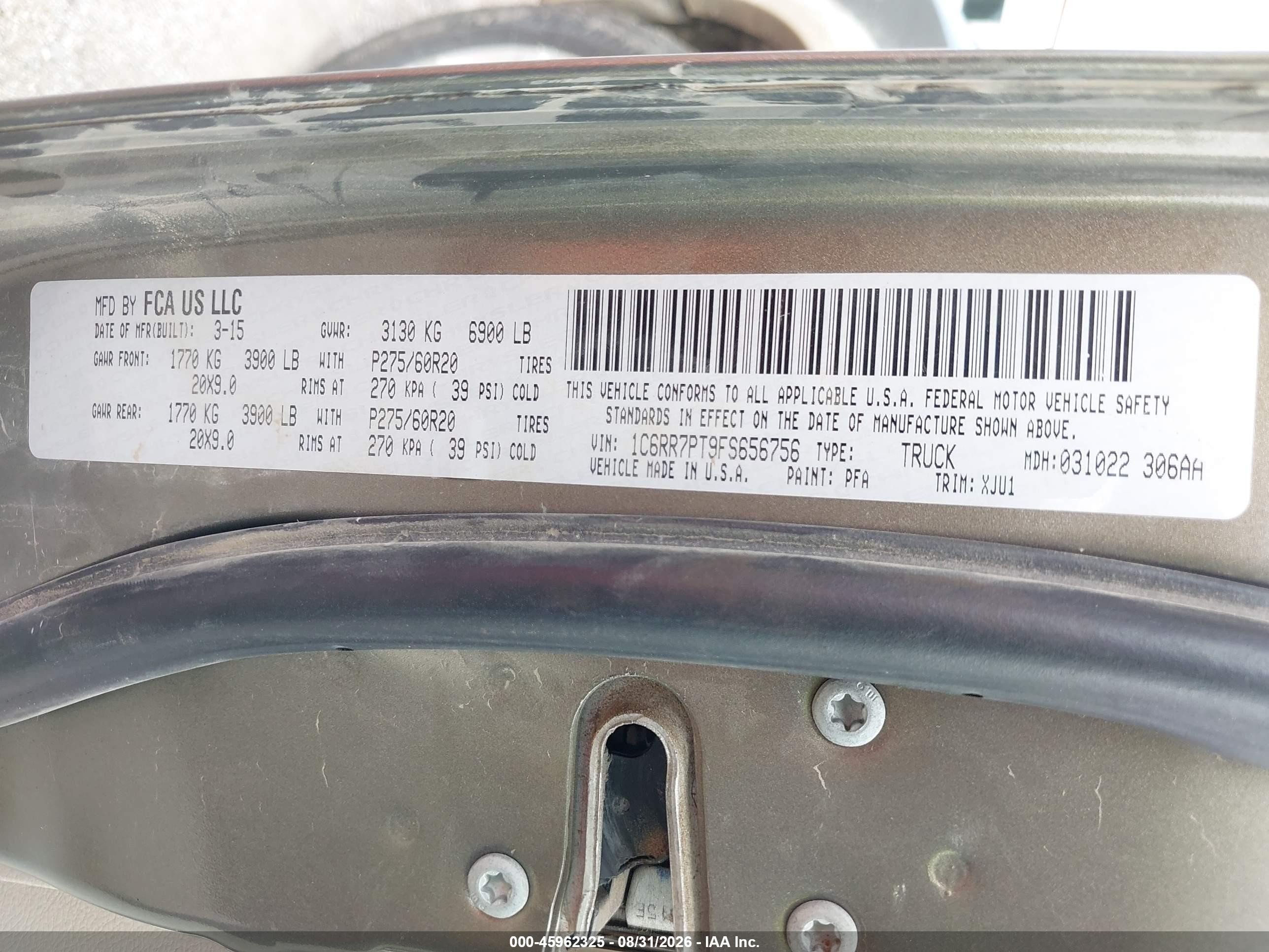 2015 Ram 1500 VIN 1C6RR7PT9FS656756 IAAI salvage auction — Front End, Salvage (Nebraska), sold $6,300 on 2026-09-21 (photo 9)