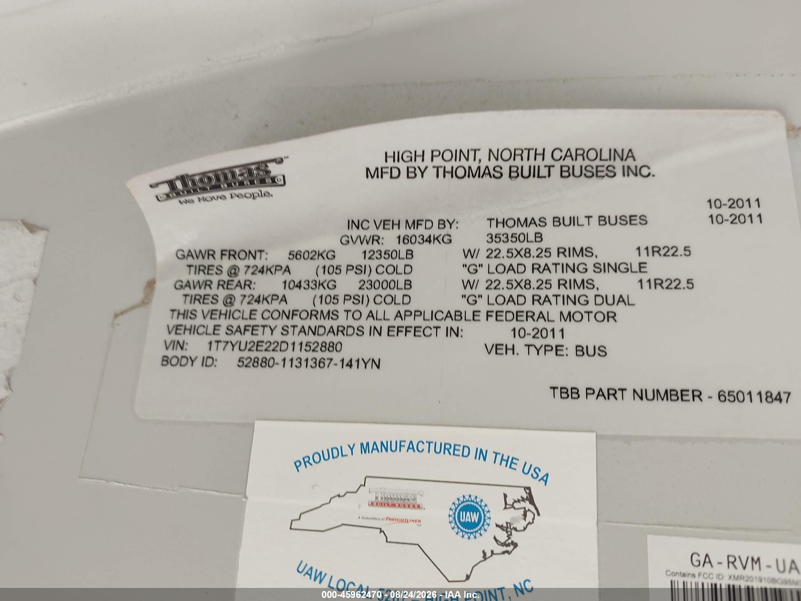 2013 Thomas Transit Bus VIN 1T7YU2E22D1152880 IAAI salvage auction — Normal Wear, Sf97 (Texas), sold $21,600 on 2026-09-16 (photo 9)