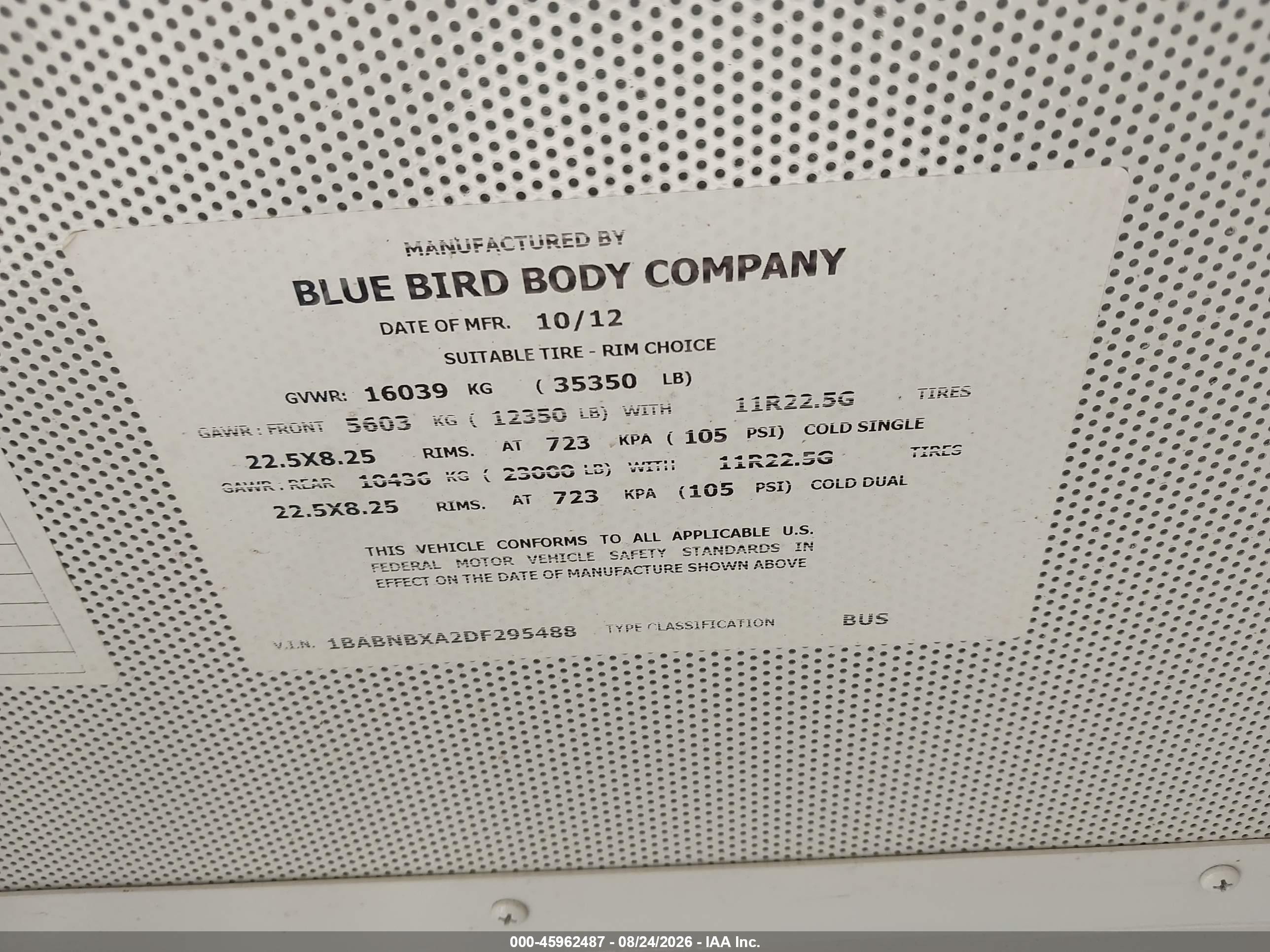 2013 Blue Bird School Bus / Transit Bus VIN 1BABNBXA2DF295488 IAAI salvage auction — Side, Sf97 (Texas), sold $8,800 on 2026-09-16 (photo 9)