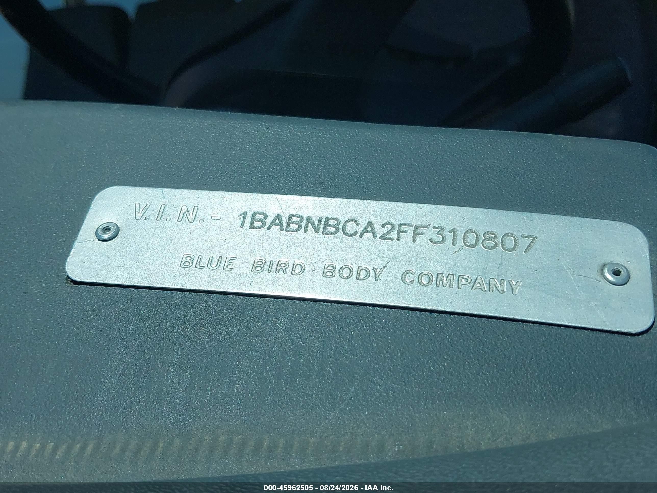 2015 Blue Bird School Bus / Transit Bus VIN 1BABNBCA2FF310807 IAAI salvage auction — Normal Wear, Sf97 (Texas), sold $14,000 on 2026-09-16 (photo 9)