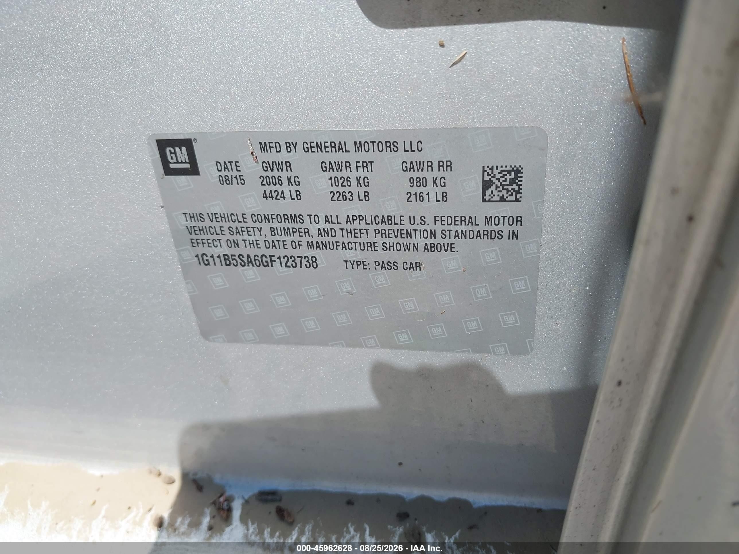 2016 Chevrolet Malibu Limited VIN 1G11B5SA6GF123738 IAAI salvage auction — Water/Flood, Salvage (Ohio), sold $700 on 2026-09-26 (photo 9)