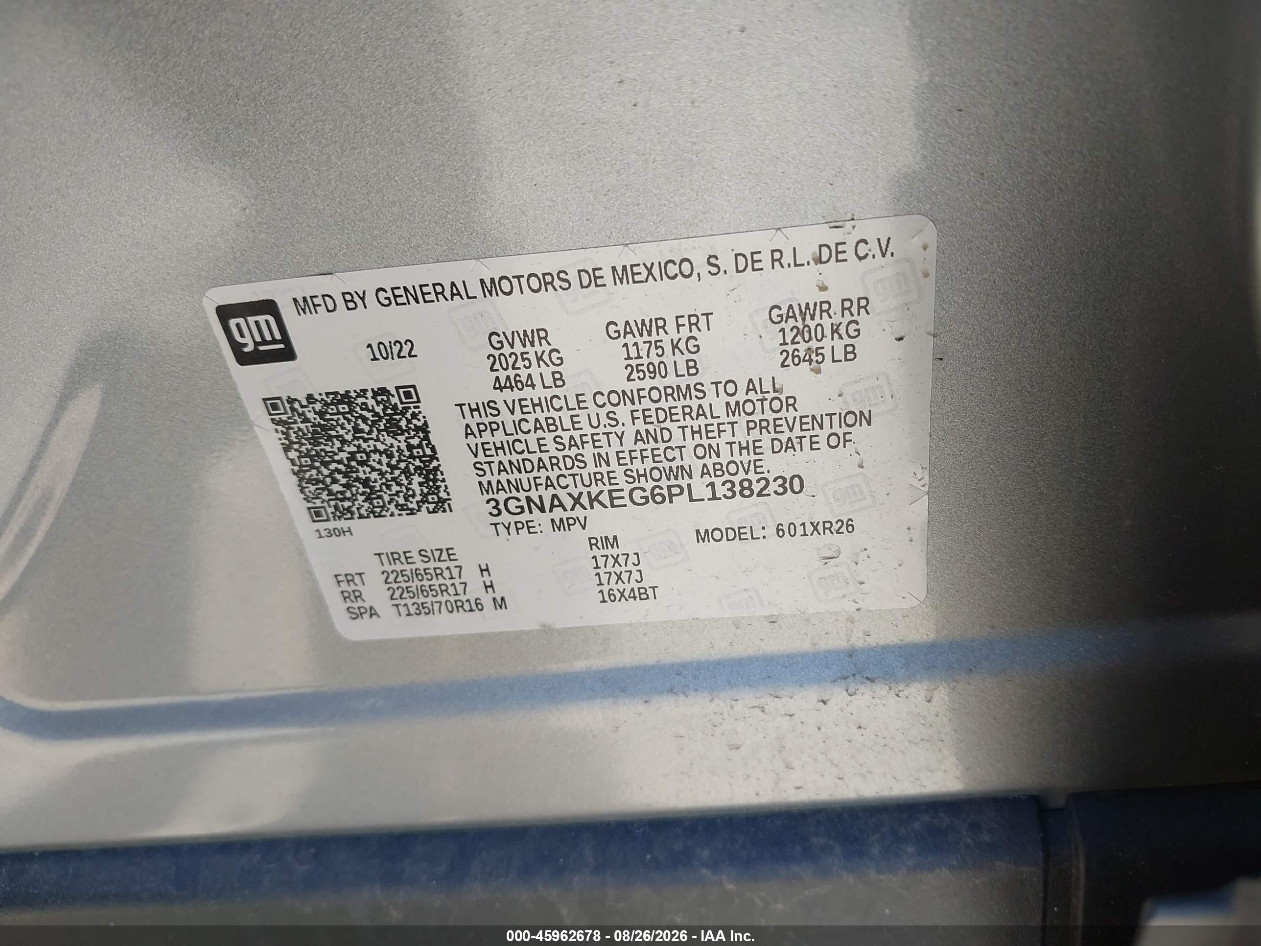 2023 Chevrolet Equinox VIN 3GNAXKEG6PL138230 IAAI salvage auction — Rear End, Salvage (Ohio), sold $7,000 on 2026-10-01 (photo 9)