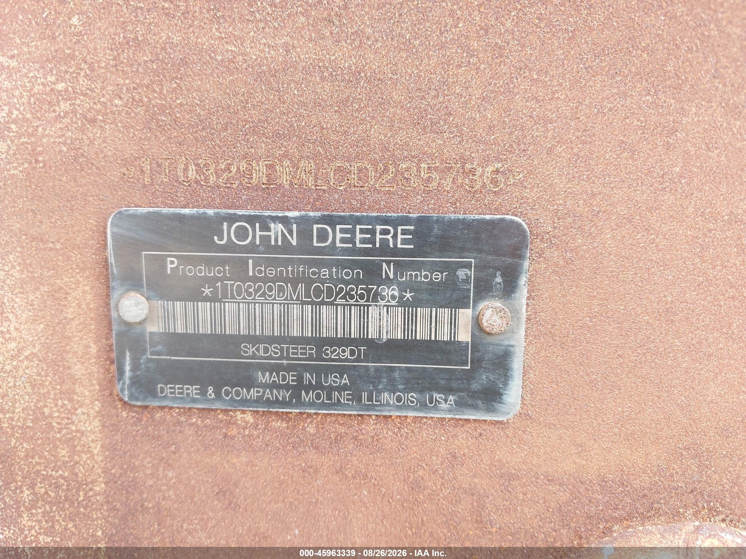 2012 John Deere 329dt Skidsteer VIN 1T0329DMLCD235736 IAAI salvage auction — Burn, Bill Of Sale (Texas), sold $1,225 on 2026-10-07 (photo 9)