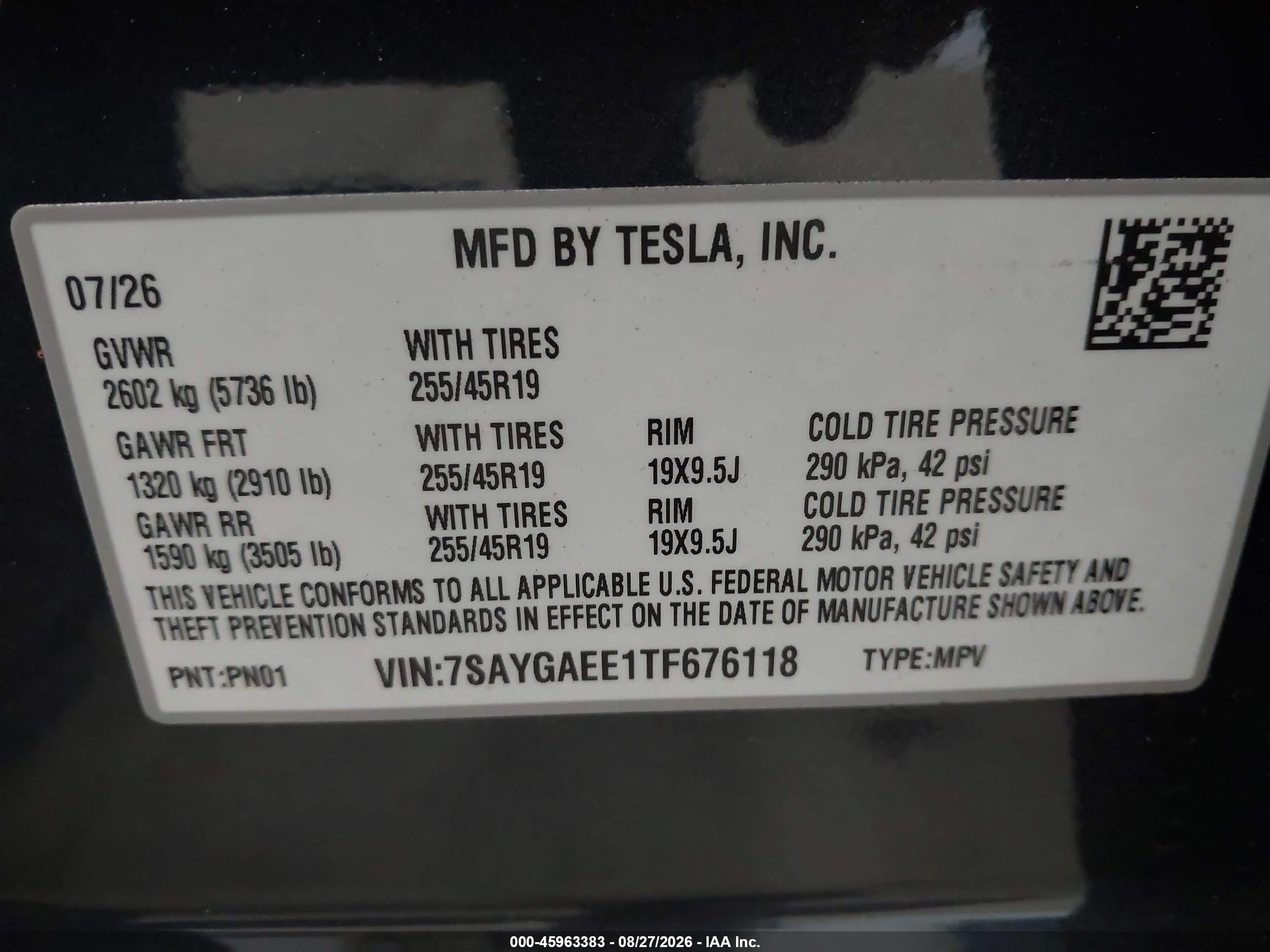 2026 Tesla Model y VIN 7SAYGAEE1TF676118 IAAI salvage auction — Front & Rear, Mv-907A (New York), sold $18,600 on 2026-10-05 (photo 9)