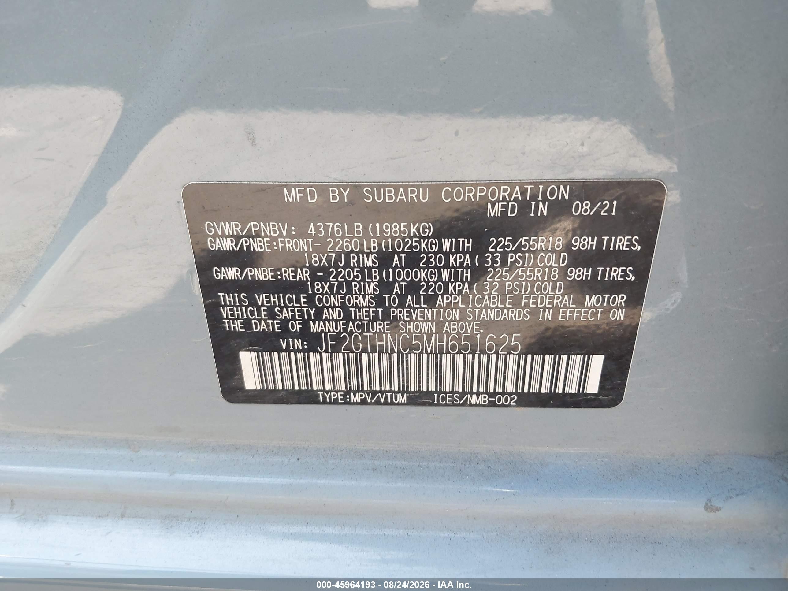2021 Subaru Xv VIN JF2GTHNC5MH651625 IAAI salvage auction — Rear End, Salvage Certificate (California), sold $4,050 on 2026-09-12 (photo 9)