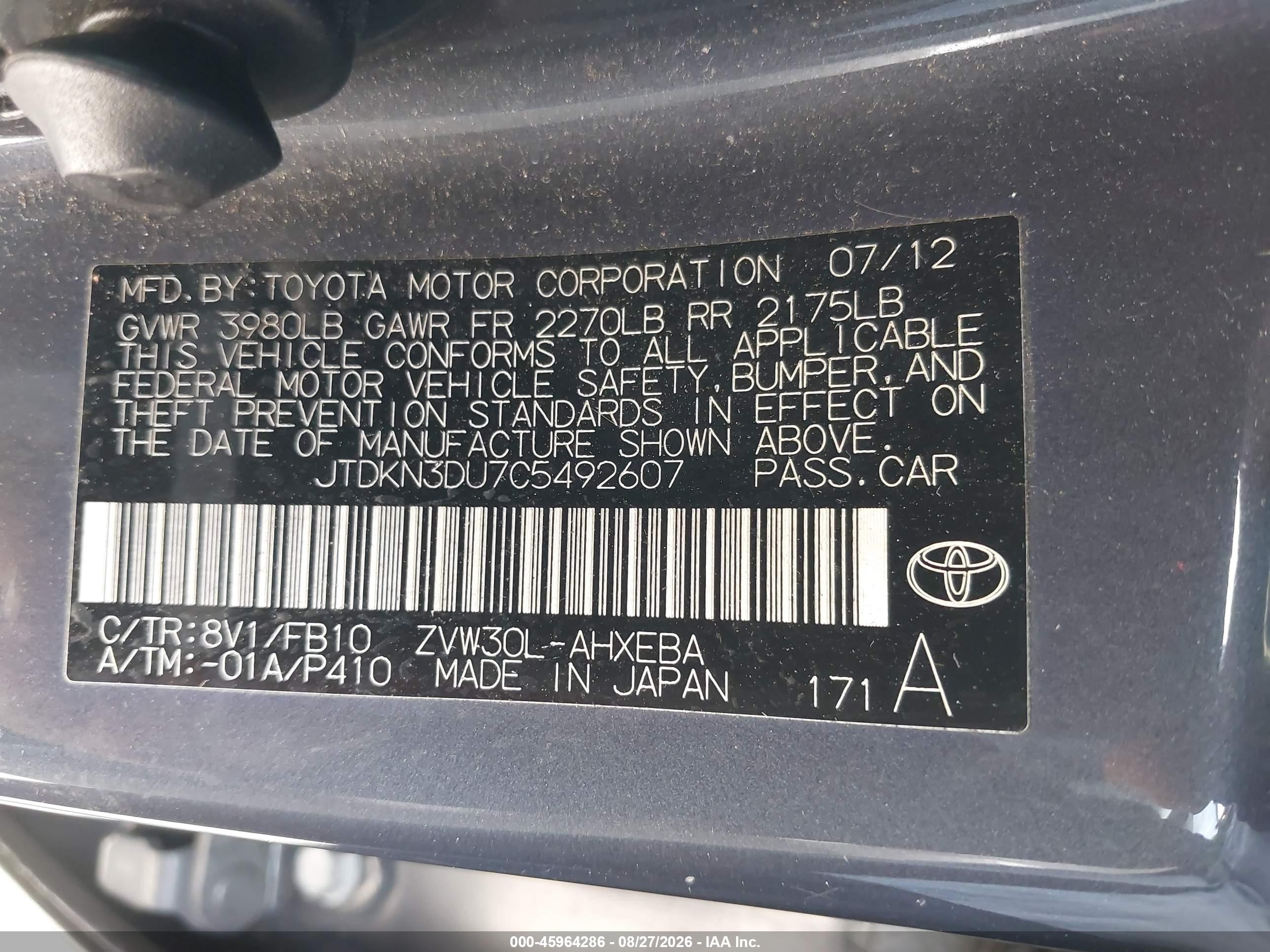 2012 Toyota Prius VIN JTDKN3DU7C5492607 IAAI salvage auction — Rear End, Salvage (California), sold $1,200 on 2026-09-02 (photo 9)