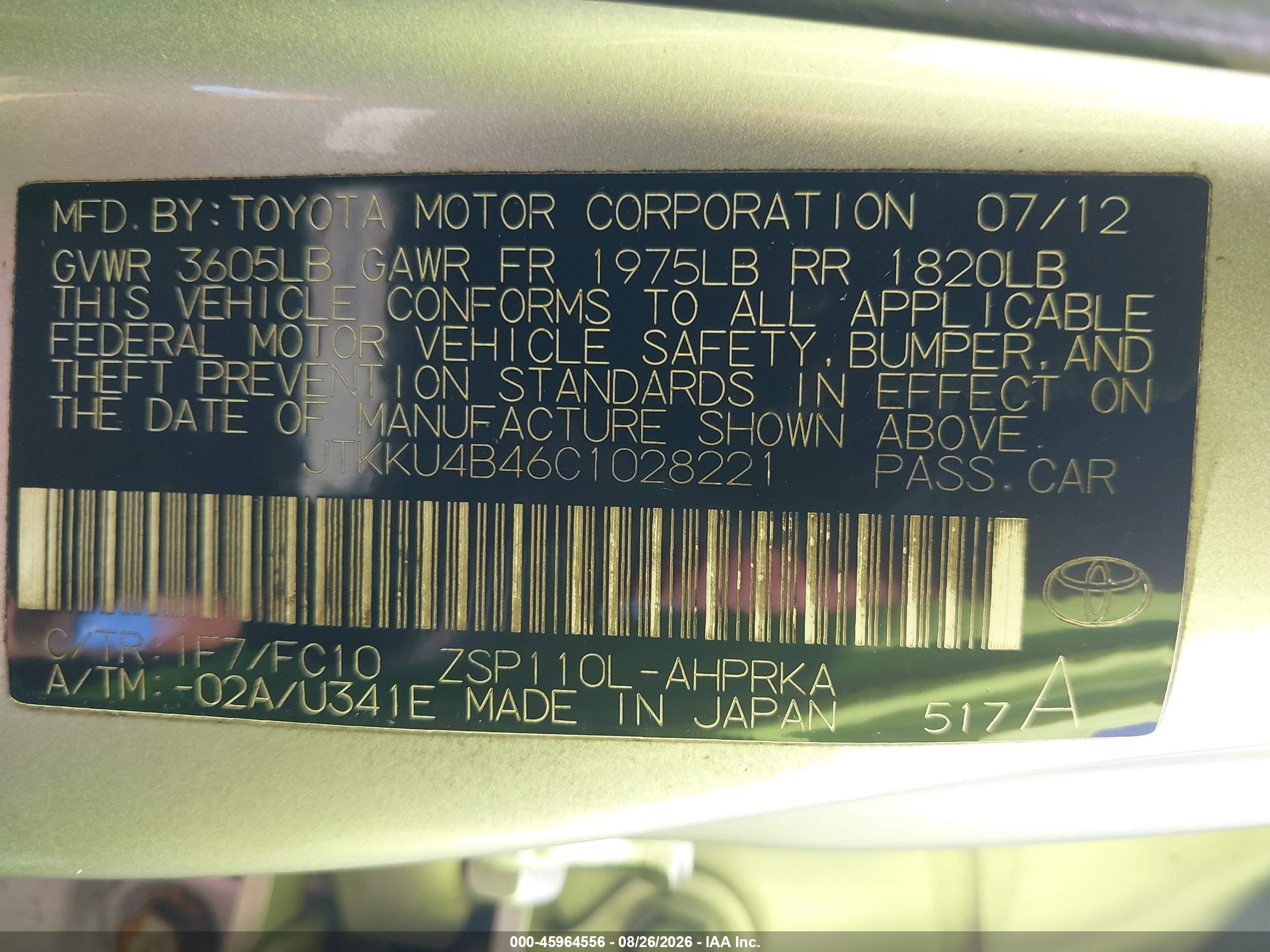 2012 Scion Xd VIN JTKKU4B46C1028221 IAAI salvage auction — Front End, Salvage - Greater Than 75% (Maryland), sold $925 on 2026-09-19 (photo 9)