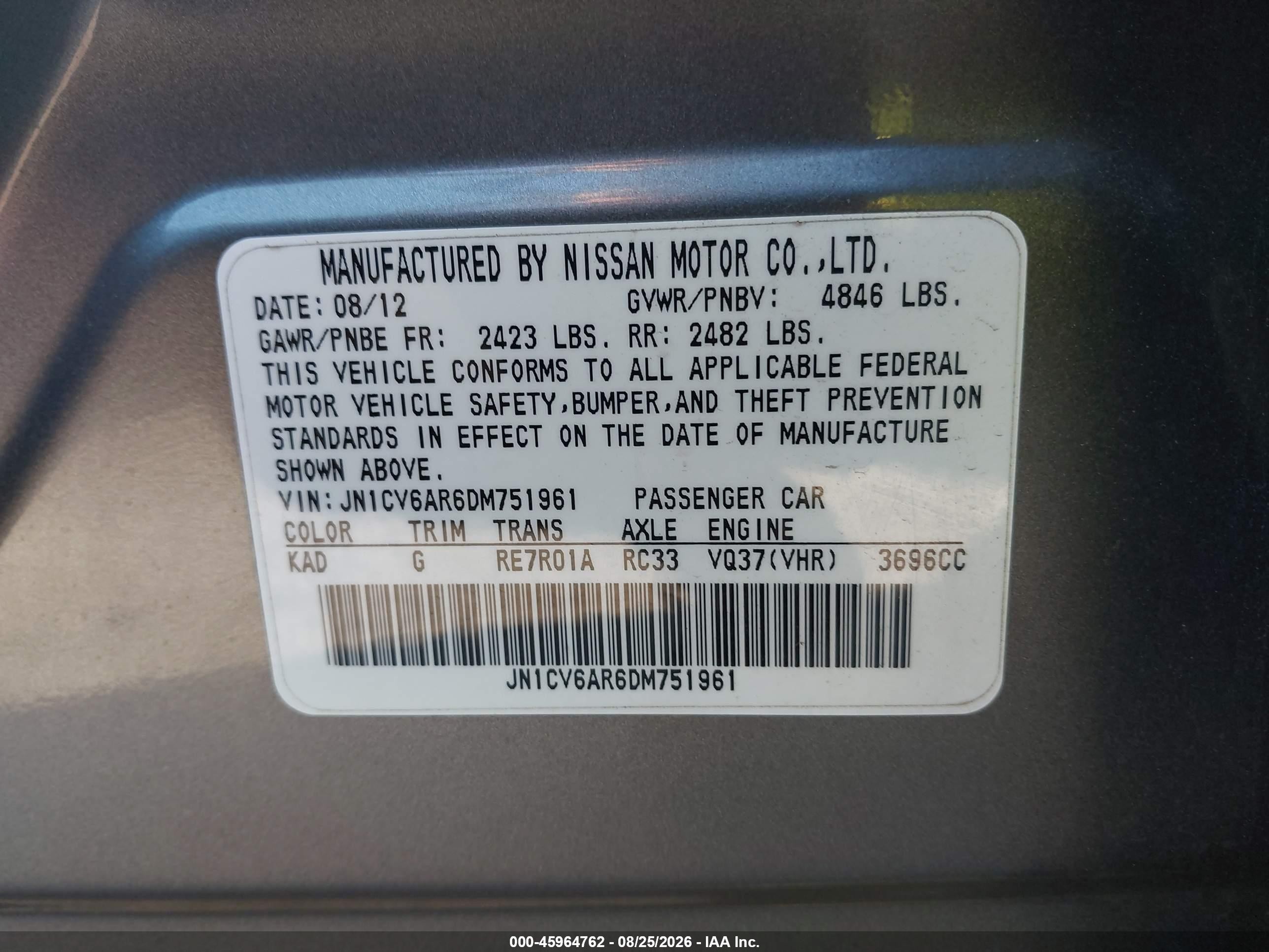 2013 Infiniti G VIN JN1CV6AR6DM751961 IAAI salvage auction — Normal Wear, Clear (Massachusetts), sold $875 on 2026-09-20 (photo 9)