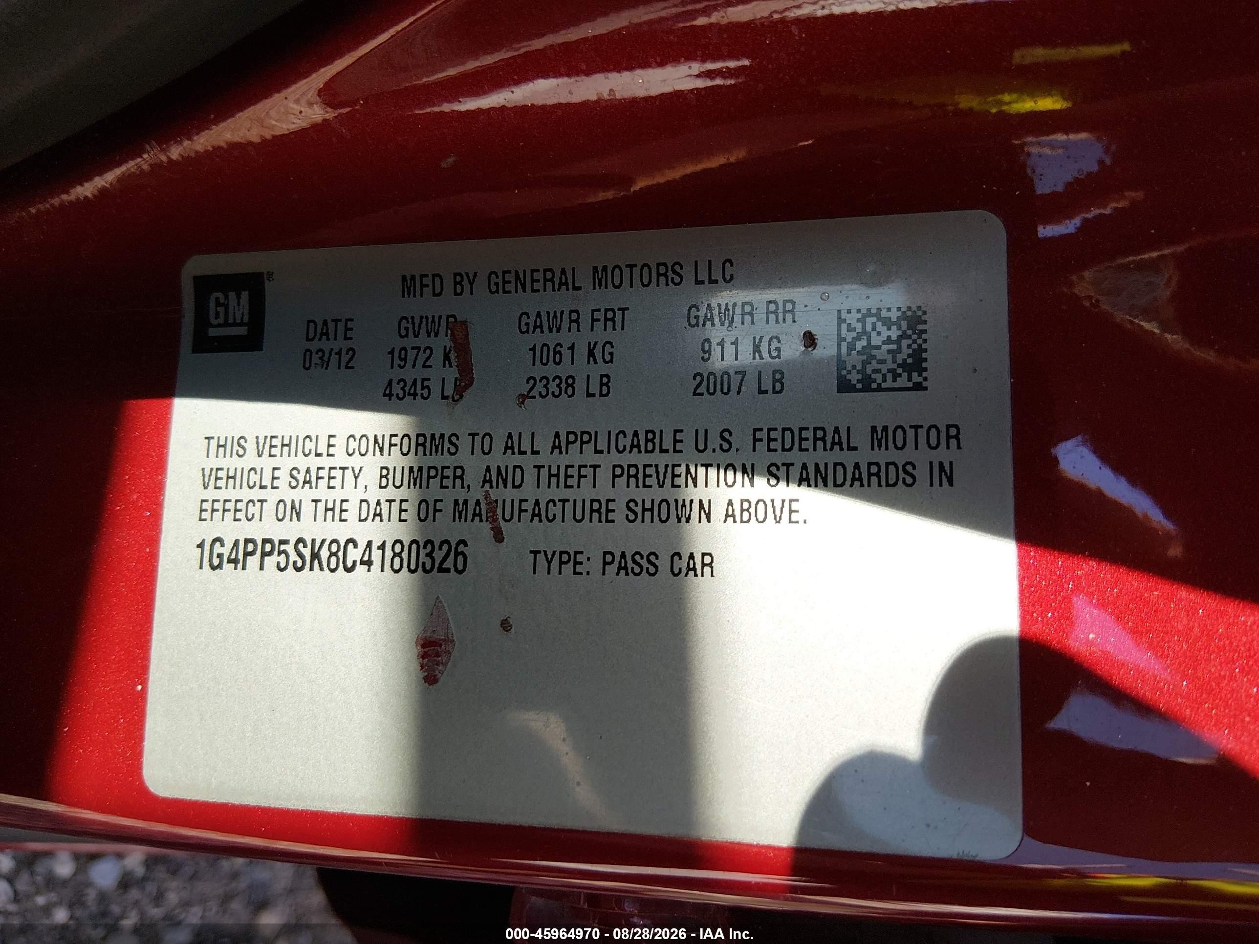 2012 Buick Verano VIN 1G4PP5SK8C4180326 IAAI salvage auction — Unknown, Wait Title, sold $575 on 2026-09-20 (photo 9)