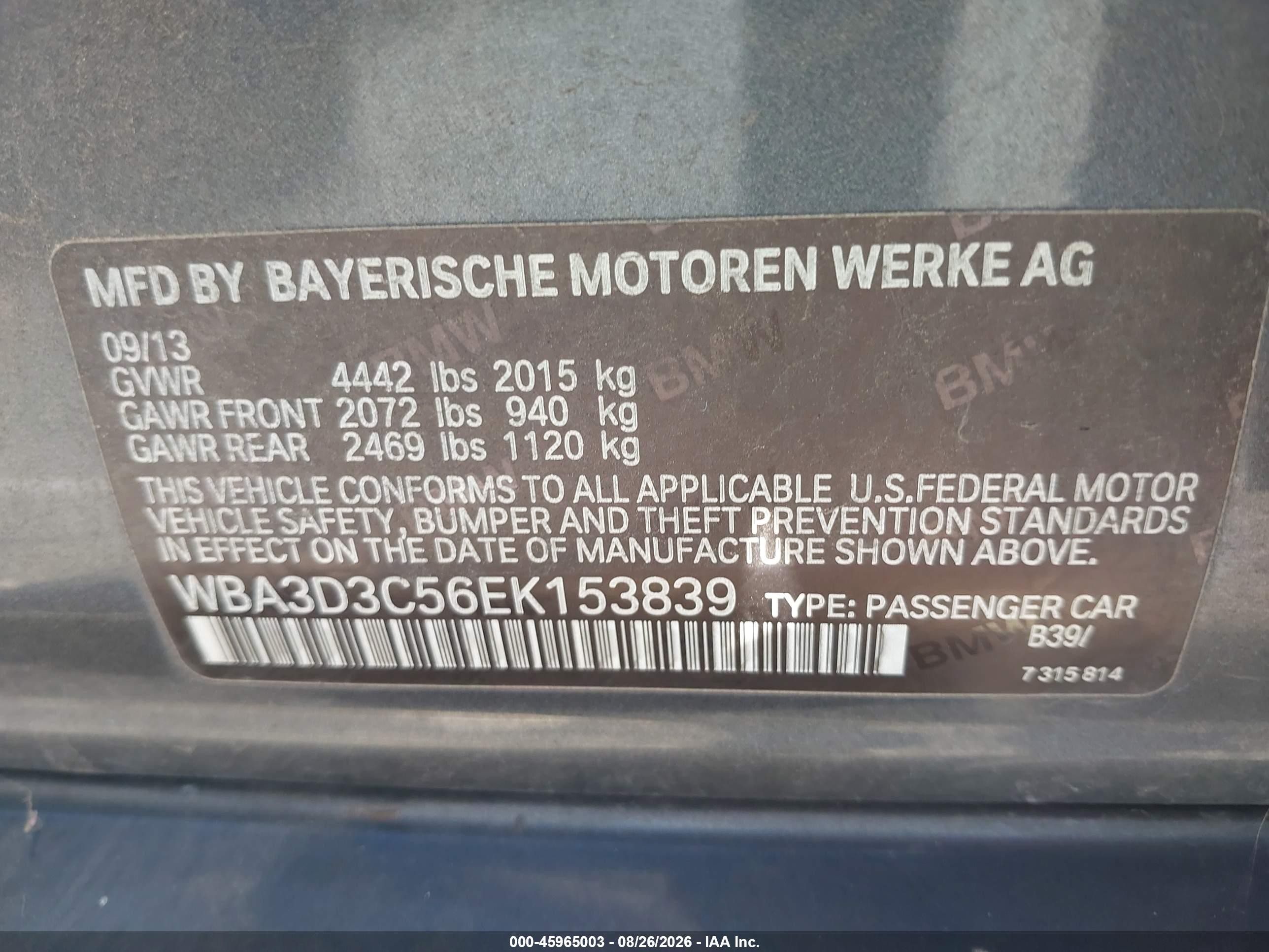 2014 BMW 3 Series VIN WBA3D3C56EK153839 IAAI salvage auction — Front End, Salvage (California), sold $1,450 on 2026-09-13 (photo 9)