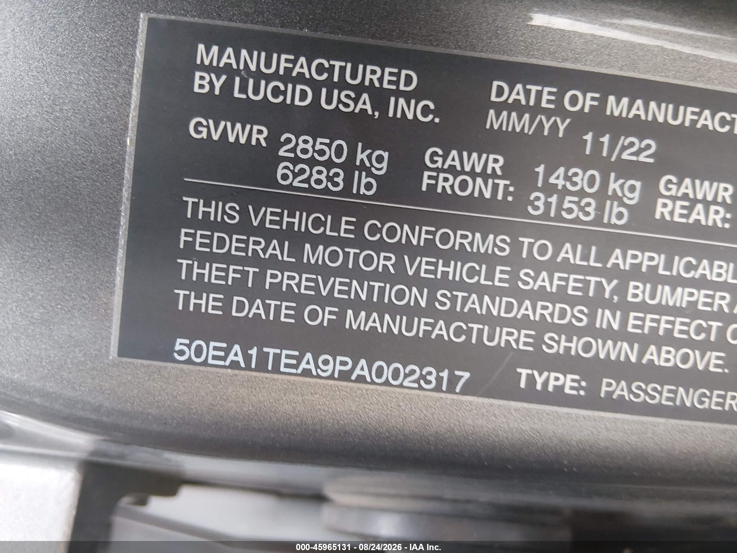 2023 Lucid Air VIN 50EA1TEA9PA002317 IAAI salvage auction — Front End, Salvage (Pennsylvania), sold $10,300 on 2026-09-08 (photo 9)
