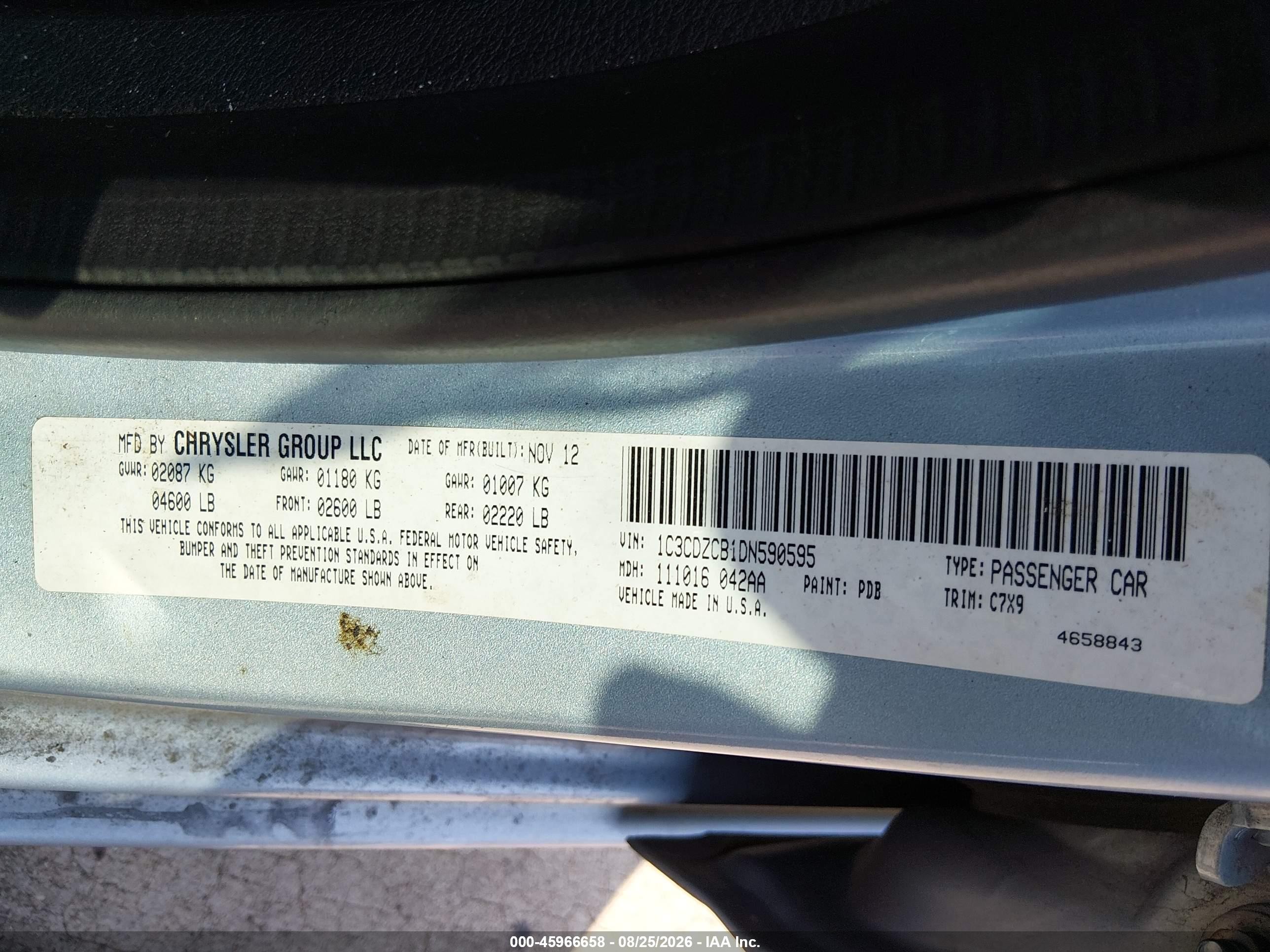 2013 Dodge Avenger VIN 1C3CDZCB1DN590595 IAAI salvage auction — Normal Wear, Clear (Missouri), sold $575 on 2026-09-27 (photo 8)