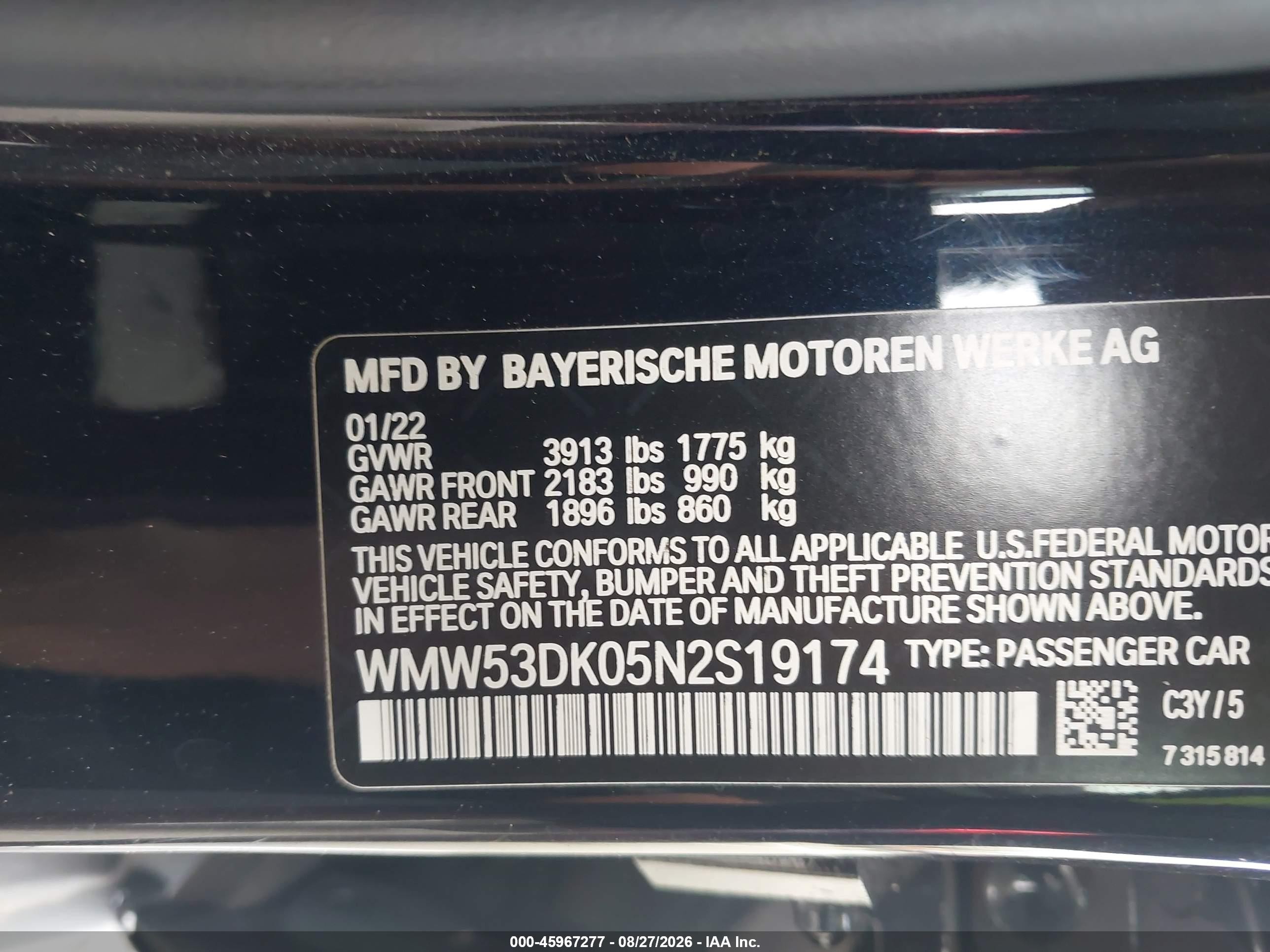 2022 Mini Cooper VIN WMW53DK05N2S19174 IAAI salvage auction — Unknown, Salvage (North Carolina), sold $3,950 on 2026-09-24 (photo 9)