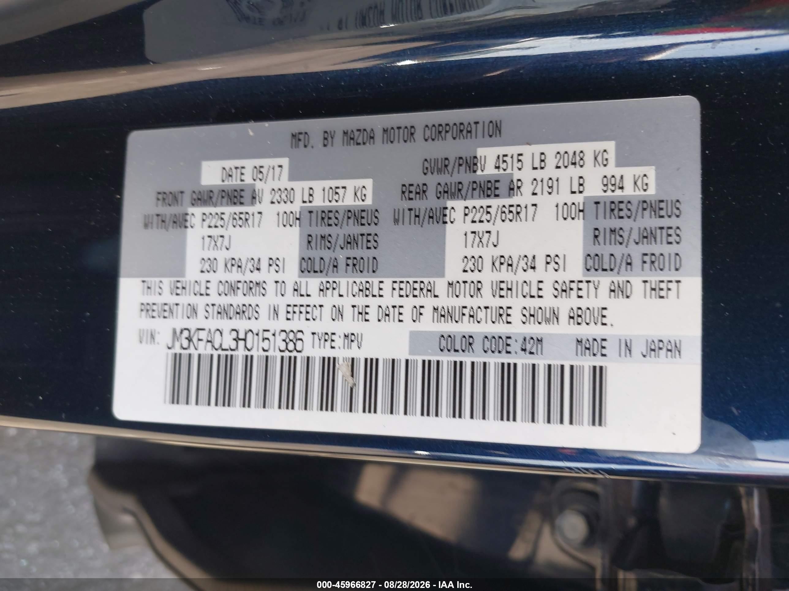 2017 Mazda CX-5 VIN JM3KFACL3H0151386 IAAI salvage auction — Rear End, Wait Title, sold $4,300 on 2026-09-21 (photo 9)