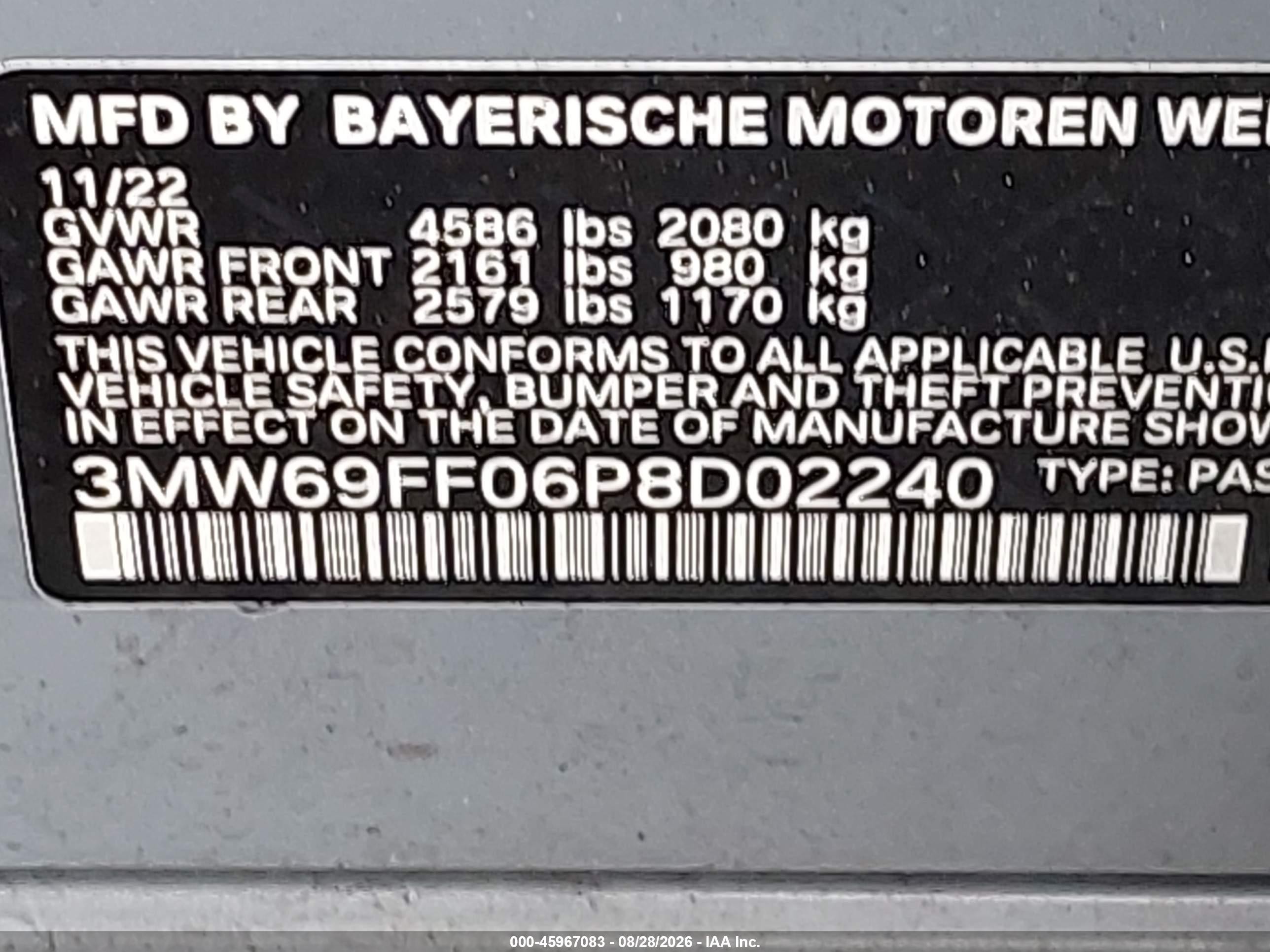 2023 BMW 3 Series VIN 3MW69FF06P8D02240 IAAI salvage auction — Water/Flood, Mv-907A (New York), sold $13,000 on 2026-09-25 (photo 9)