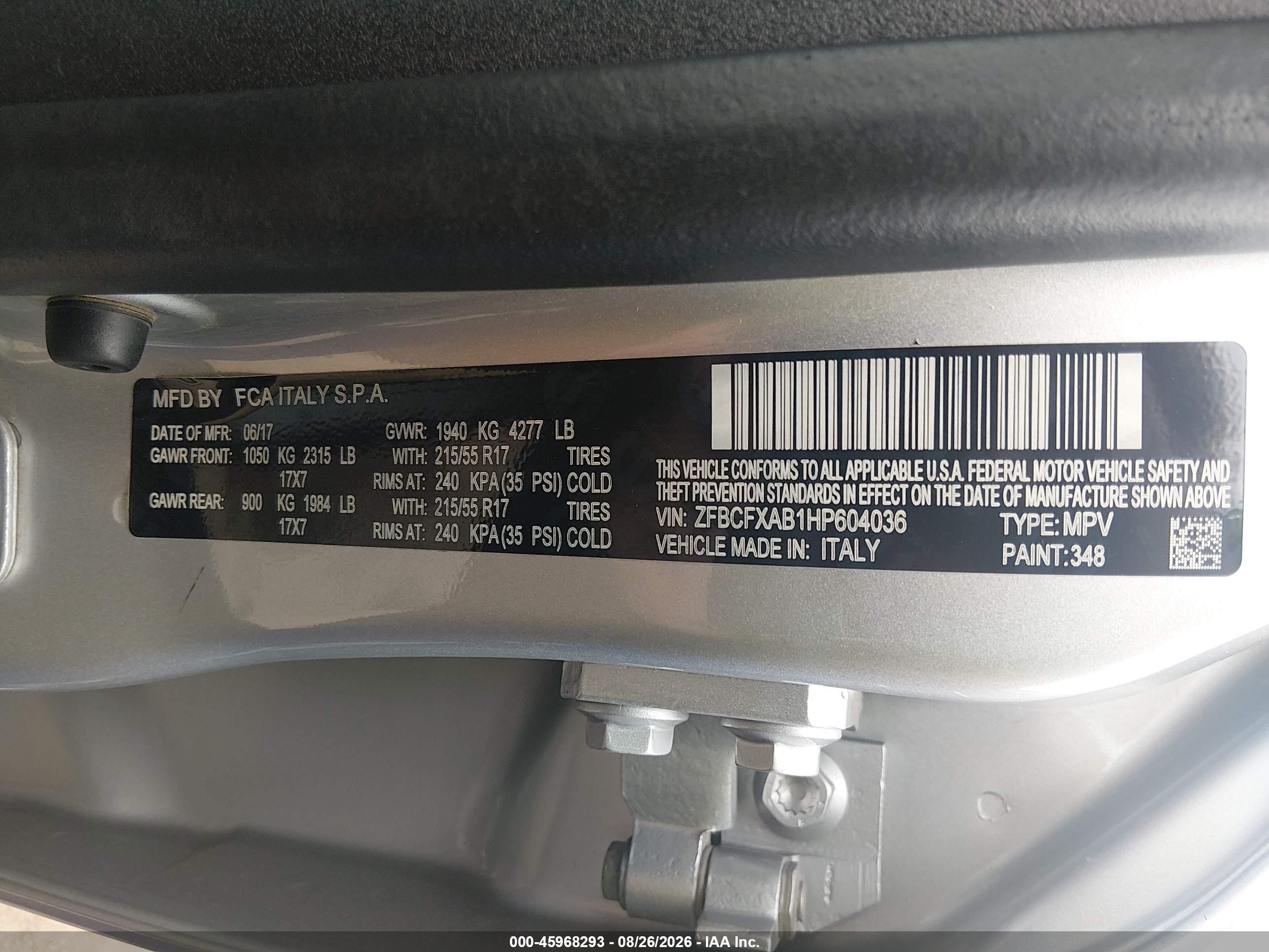 2017 Fiat 500x VIN ZFBCFXAB1HP604036 IAAI salvage auction — Front End, Clear (Oklahoma), sold $1,900 on 2026-09-26 (photo 9)