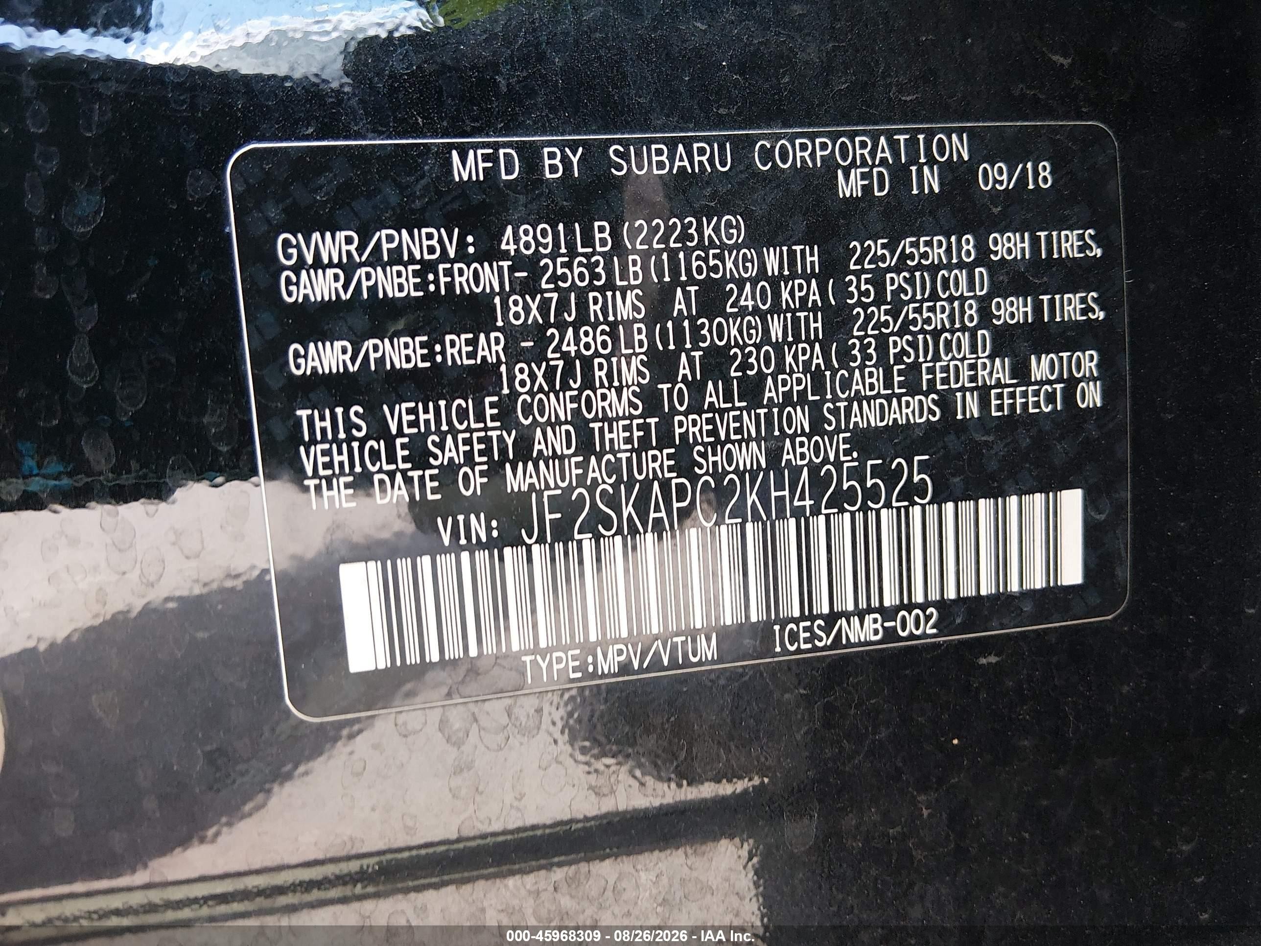 2019 Subaru Forester VIN JF2SKAPC2KH425525 IAAI salvage auction — Rear End, Salvage (California), sold $4,350 on 2026-09-14 (photo 9)