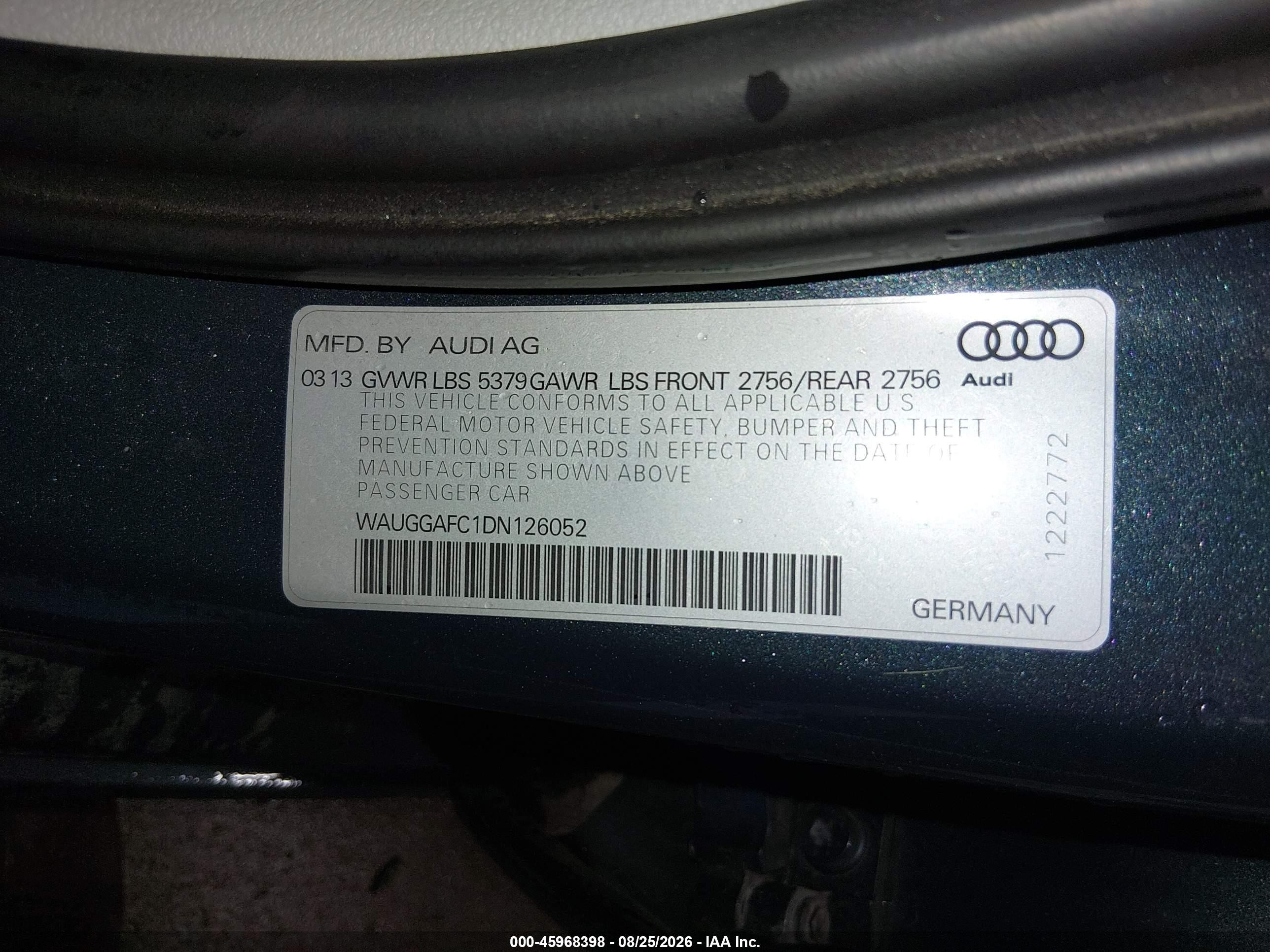 2013 Audi A6 VIN WAUGGAFC1DN126052 IAAI salvage auction — Front End, Salvage (North Dakota), sold $2,600 on 2026-09-25 (photo 9)