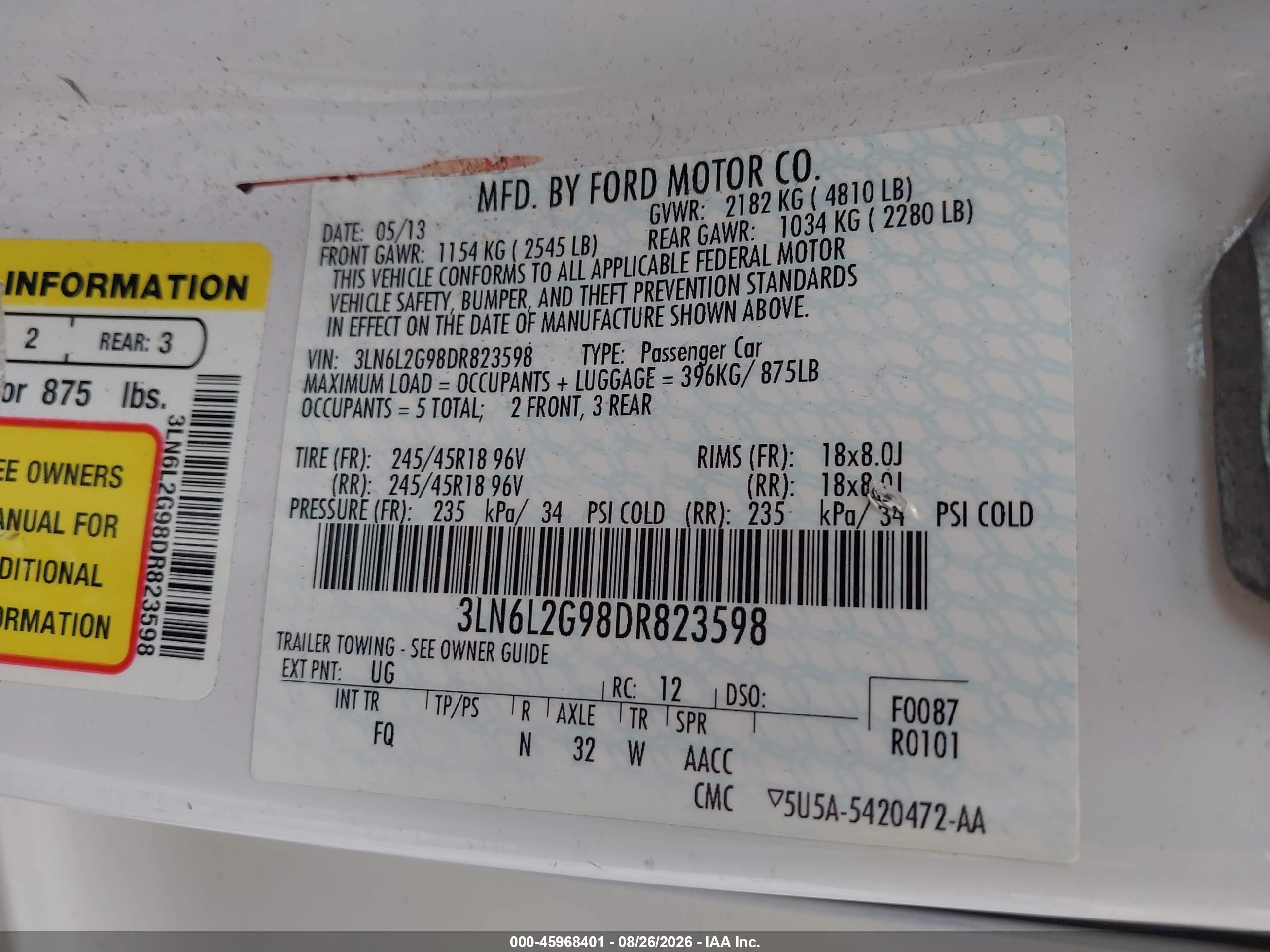 2013 Lincoln MKZ VIN 3LN6L2G98DR823598 IAAI salvage auction — Biohazard/Chemical, Mv-907A (New York), sold $800 on 2026-09-10 (photo 9)