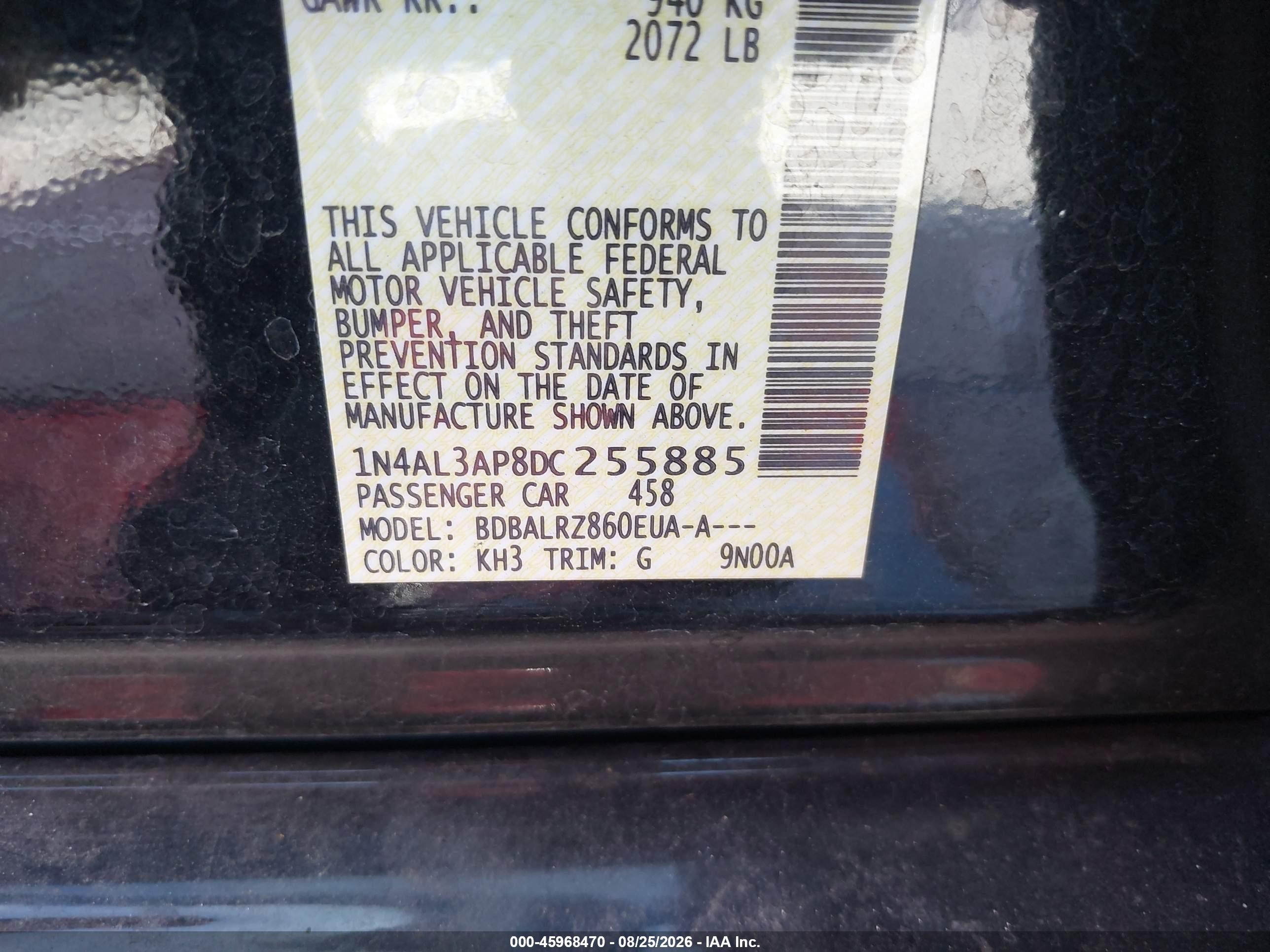 2013 Nissan Altima VIN 1N4AL3AP8DC255885 IAAI salvage auction — Front End, Salvage (California), sold $350 on 2026-09-25 (photo 9)