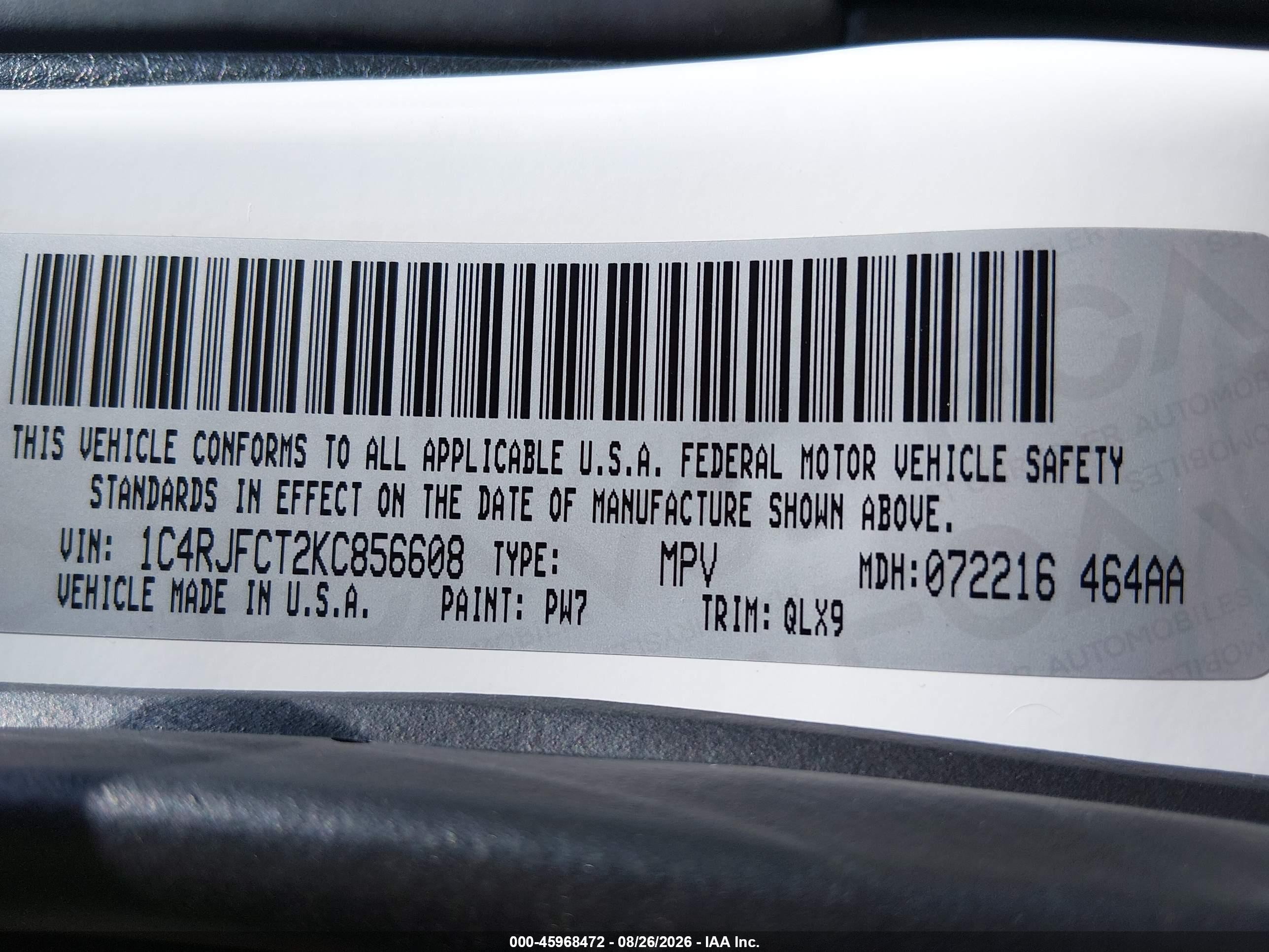 2019 Jeep Grand cherokee VIN 1C4RJFCT2KC856608 IAAI salvage auction — Front End, Salvage (Virginia), sold $12,100 on 2026-09-07 (photo 9)