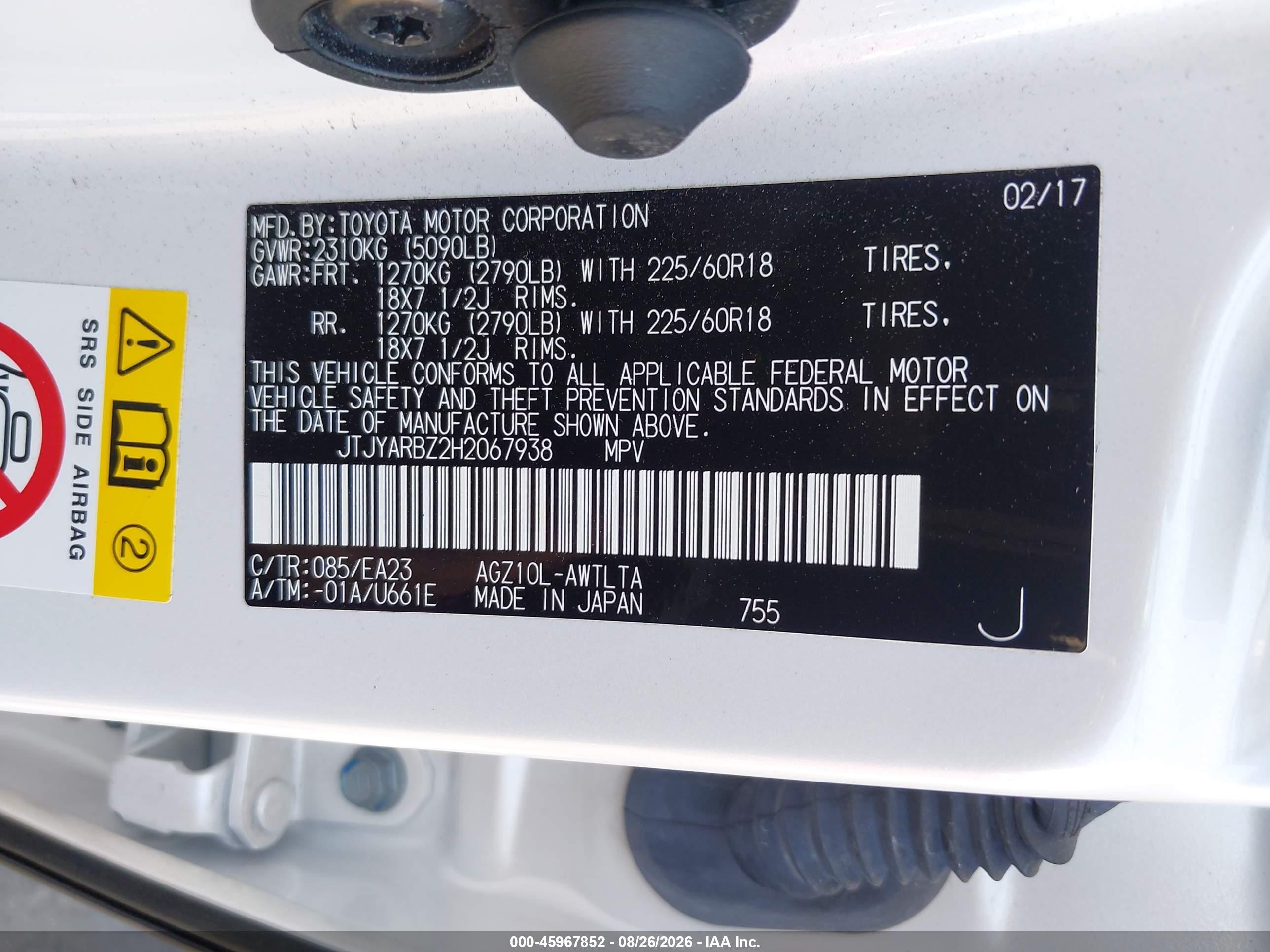 2017 Lexus NX 200t VIN JTJYARBZ2H2067938 IAAI salvage auction — Front End, Salvage Certificate (California), sold $7,100 on 2026-09-13 (photo 9)