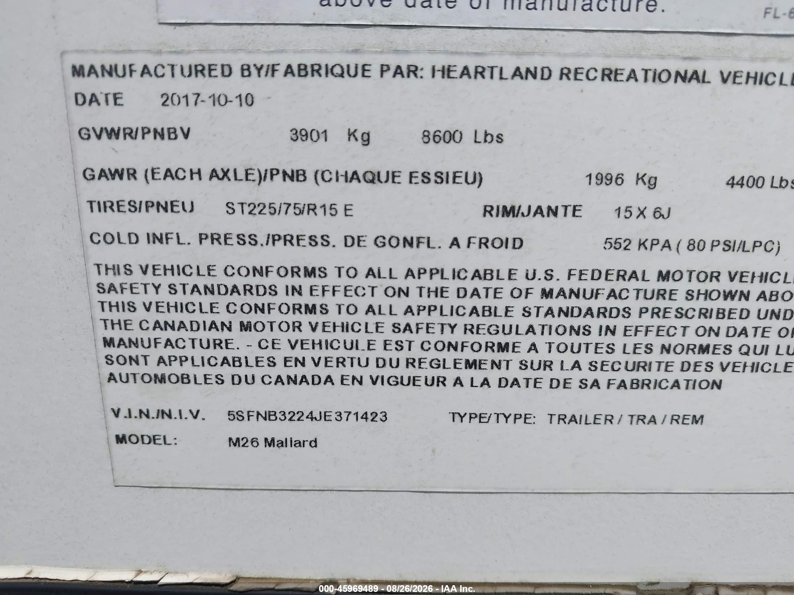 2018 VIN 5SFNB3224JE371423 IAAI salvage auction — Storm Damage, Rebuildable (Florida), sold $3,250 on 2026-09-23 (photo 9)