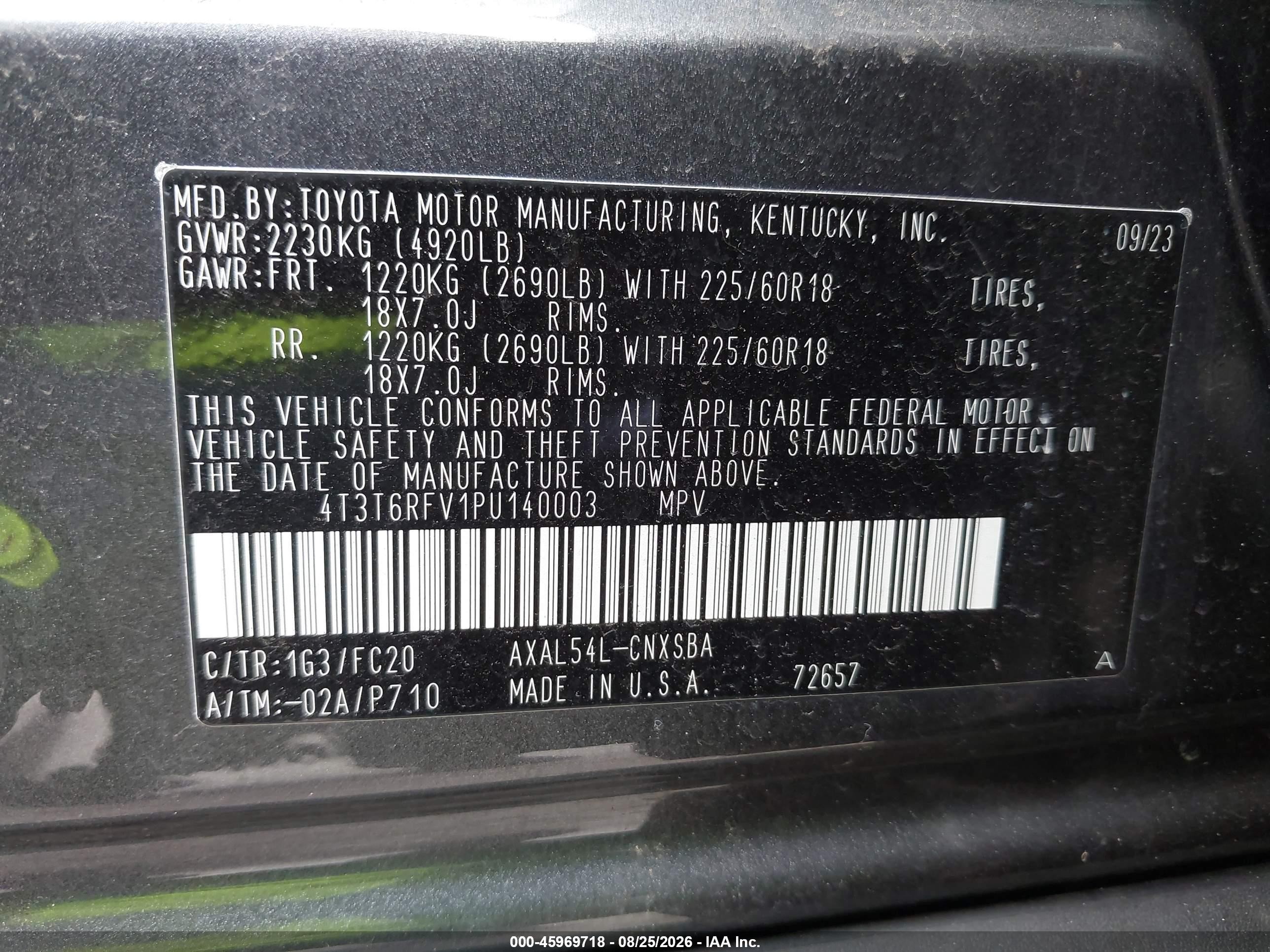 2023 Toyota VIN 4T3T6RFV1PU140003 IAAI salvage auction — Side, Rebuildable (Florida), sold $12,900 on 2026-09-09 (photo 9)