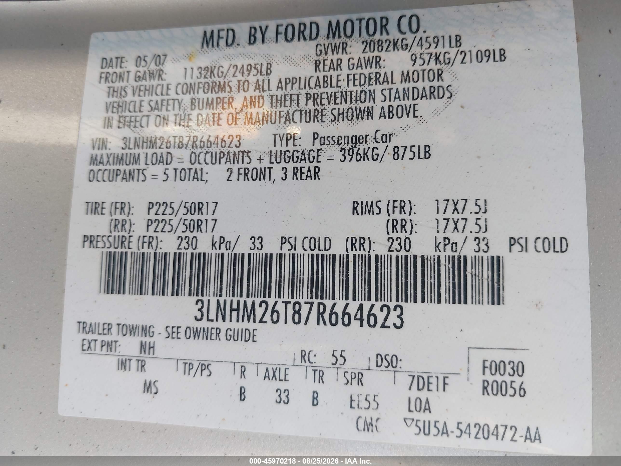 2007 Lincoln Mkz VIN 3LNHM26T87R664623 IAAI salvage auction — Normal Wear, Rebuilt/Restored (Utah), sold $425 on 2026-09-21 (photo 9)