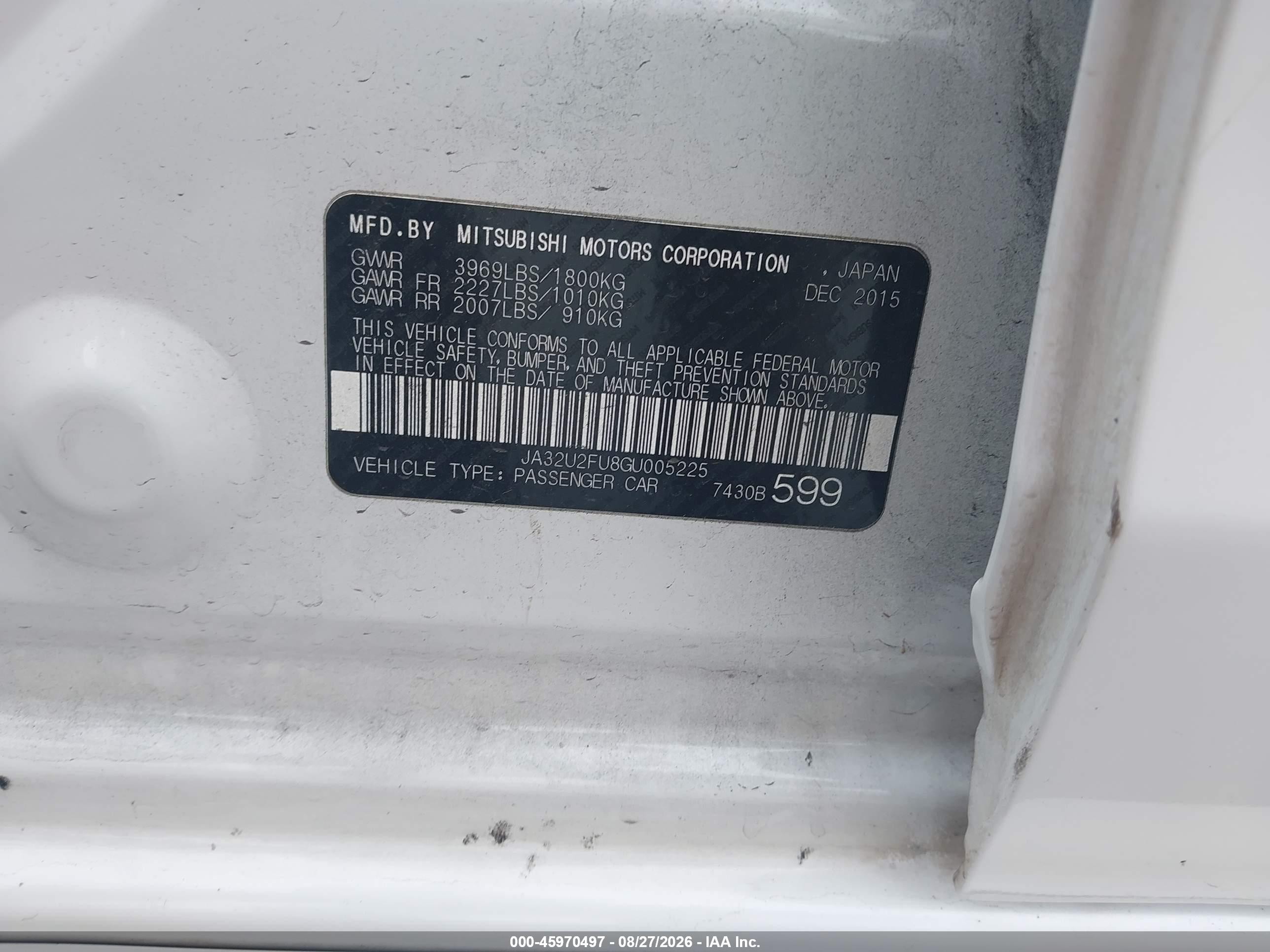2016 Mitsubishi Lancer VIN JA32U2FU8GU005225 IAAI salvage auction — Normal Wear, Clear - Dealer Only (California), sold $1,275 on 2026-09-11 (photo 9)