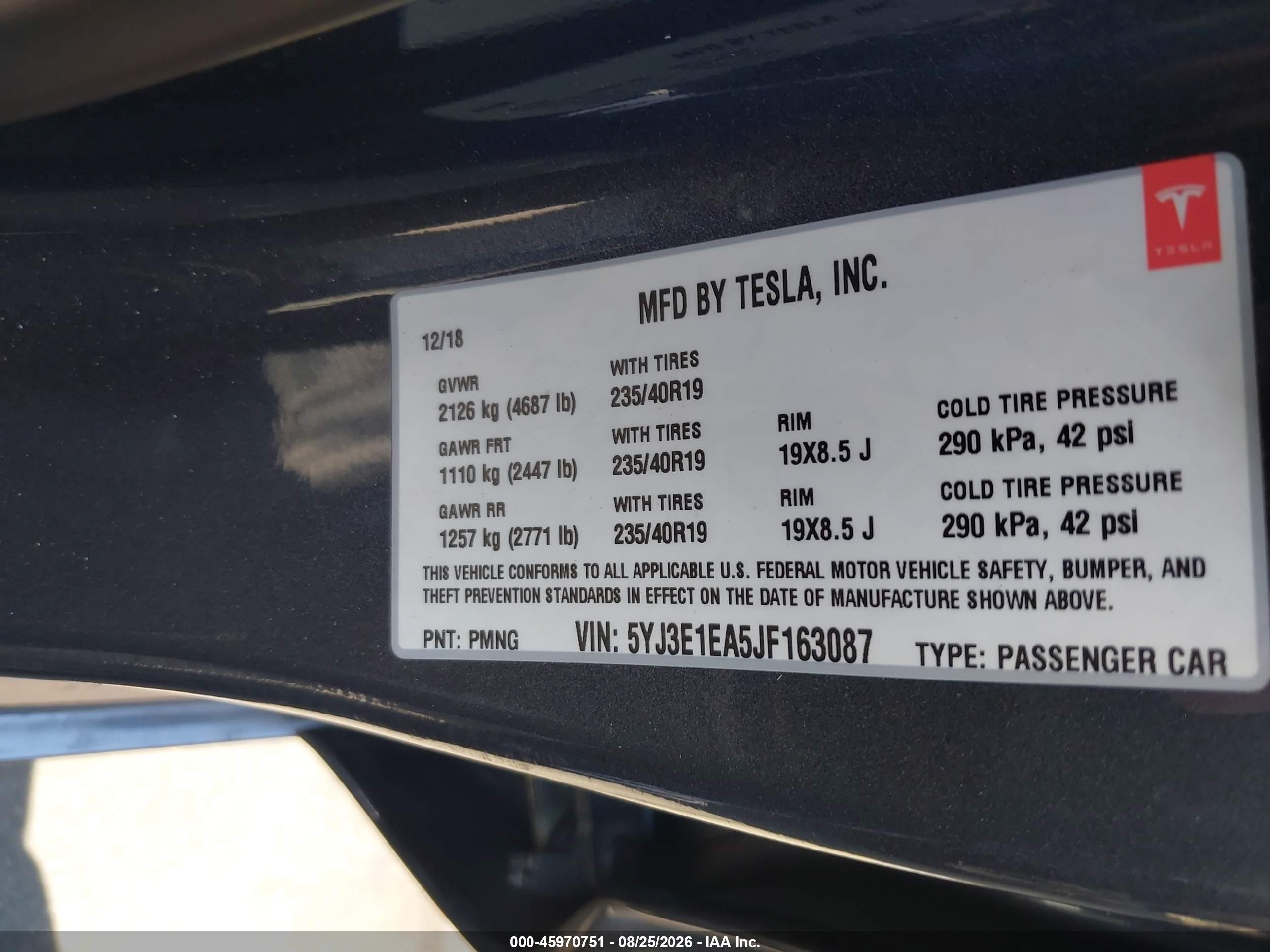 2018 Tesla Model 3 VIN 5YJ3E1EA5JF163087 IAAI salvage auction — Rear End, Salvage Certificate (California), sold $4,100 on 2026-09-13 (photo 9)