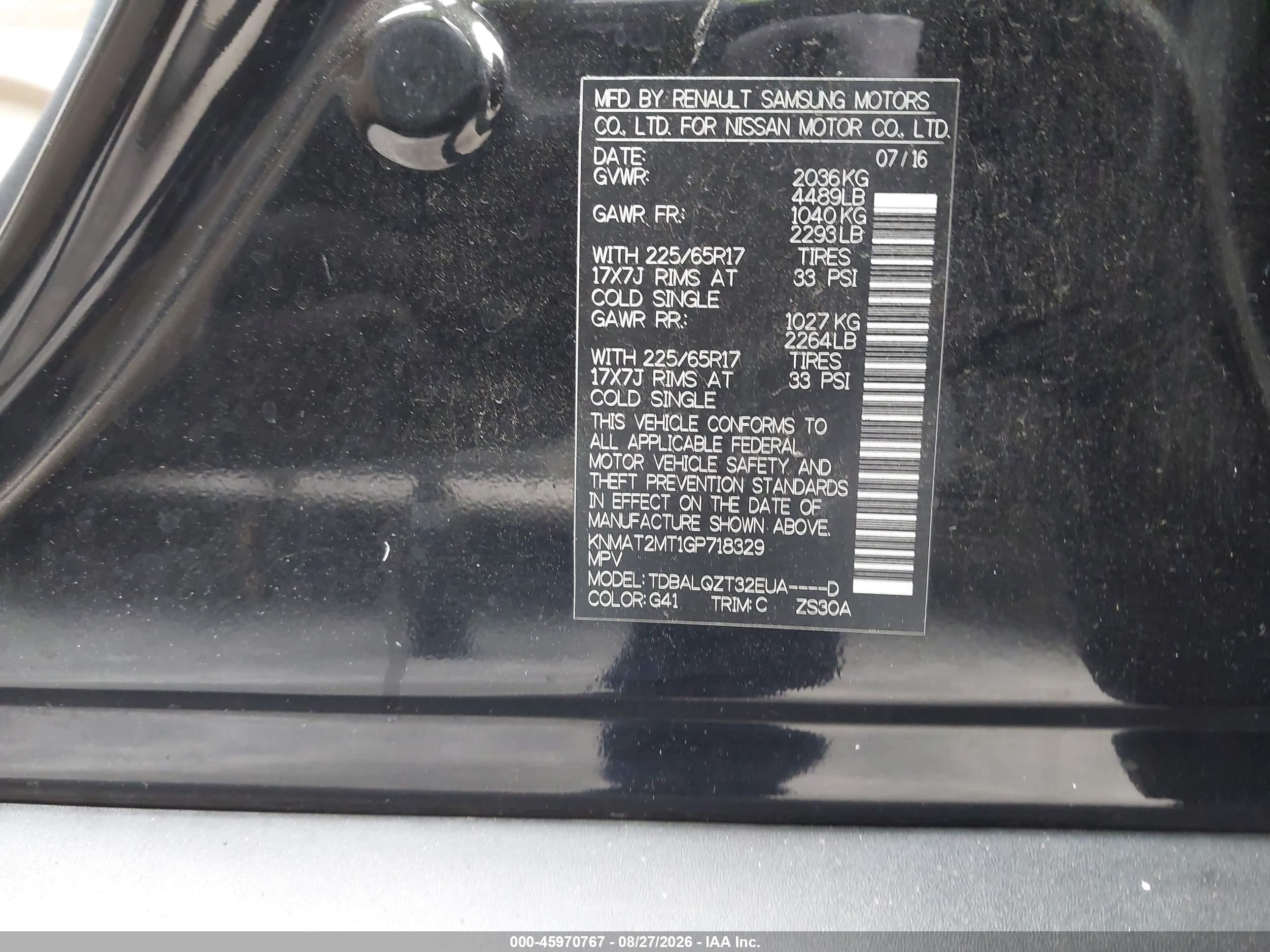 2016 Nissan Rogue VIN KNMAT2MT1GP718329 IAAI salvage auction — Rear End, Salvage Certificate (California), sold $1,400 on 2026-09-12 (photo 9)