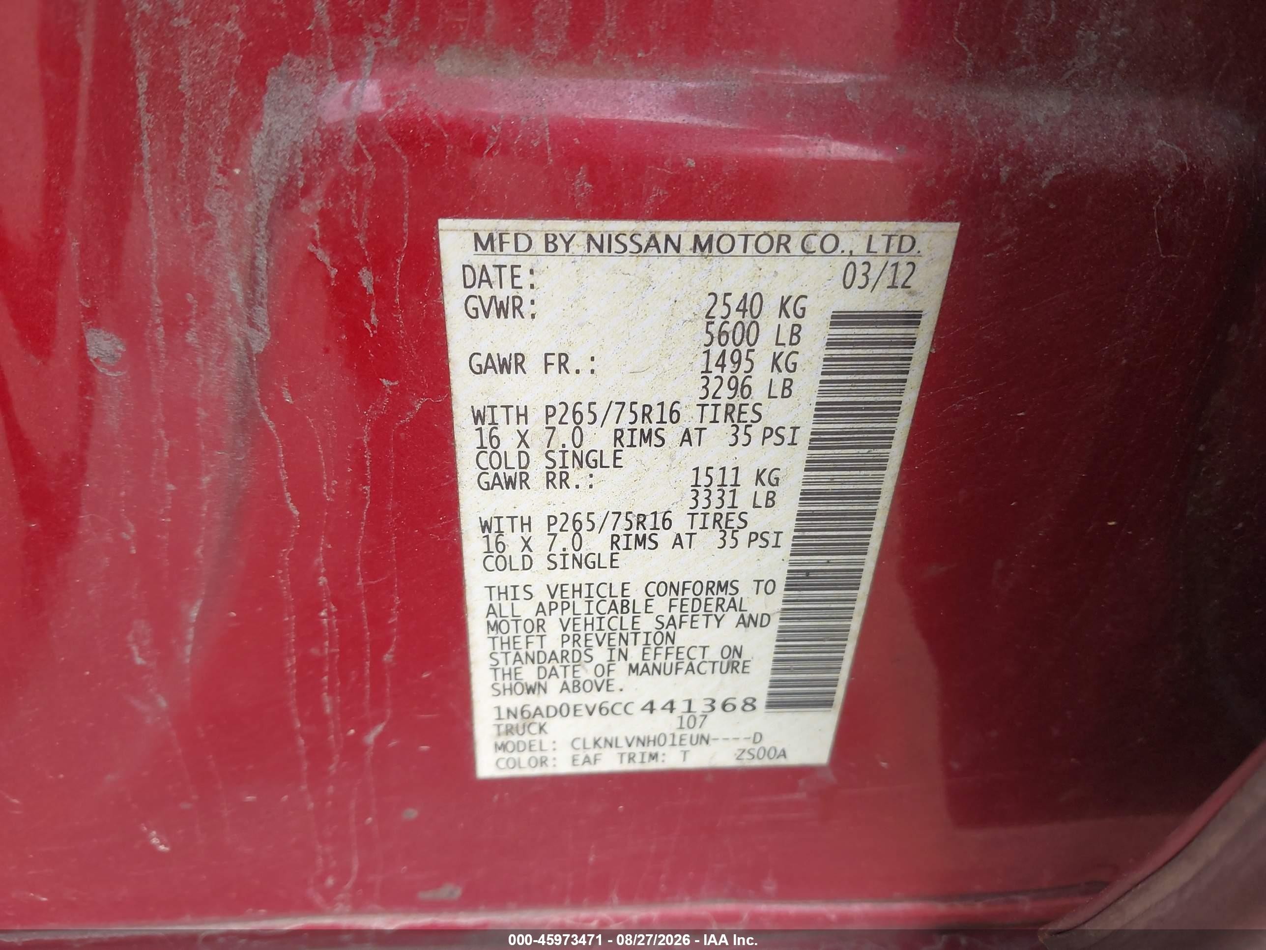 2012 Nissan Navara (frontier) VIN 1N6AD0EV6CC441368 IAAI salvage auction — Side, Salvage (Virginia), sold $1,000 on 2026-09-16 (photo 9)