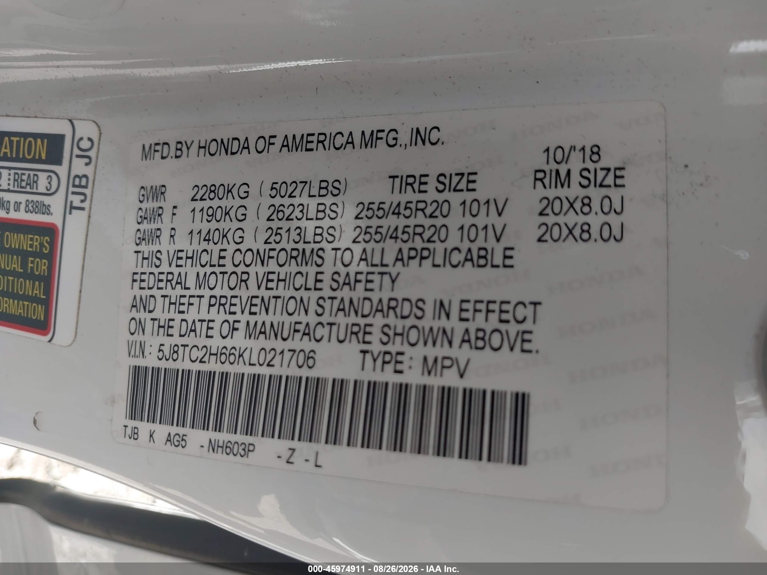 2019 Acura Rdx VIN 5J8TC2H66KL021706 IAAI salvage auction — Side, Mv-907A (New York), sold $4,400 on 2026-09-23 (photo 9)
