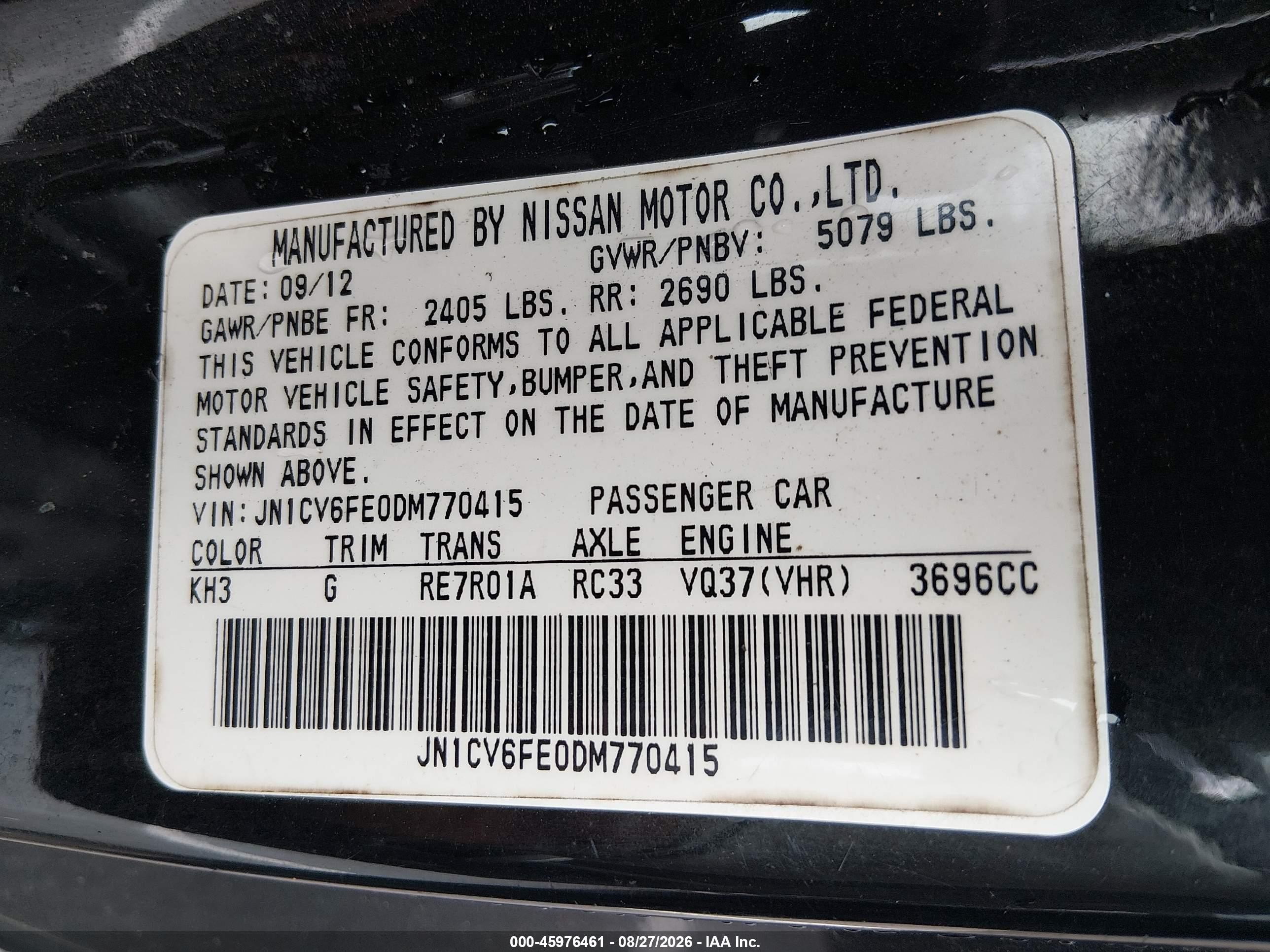 2013 Infiniti G VIN JN1CV6FE0DM770415 IAAI salvage auction — Water/Flood, Salvage (Louisiana), sold $1,350 on 2026-09-23 (photo 9)
