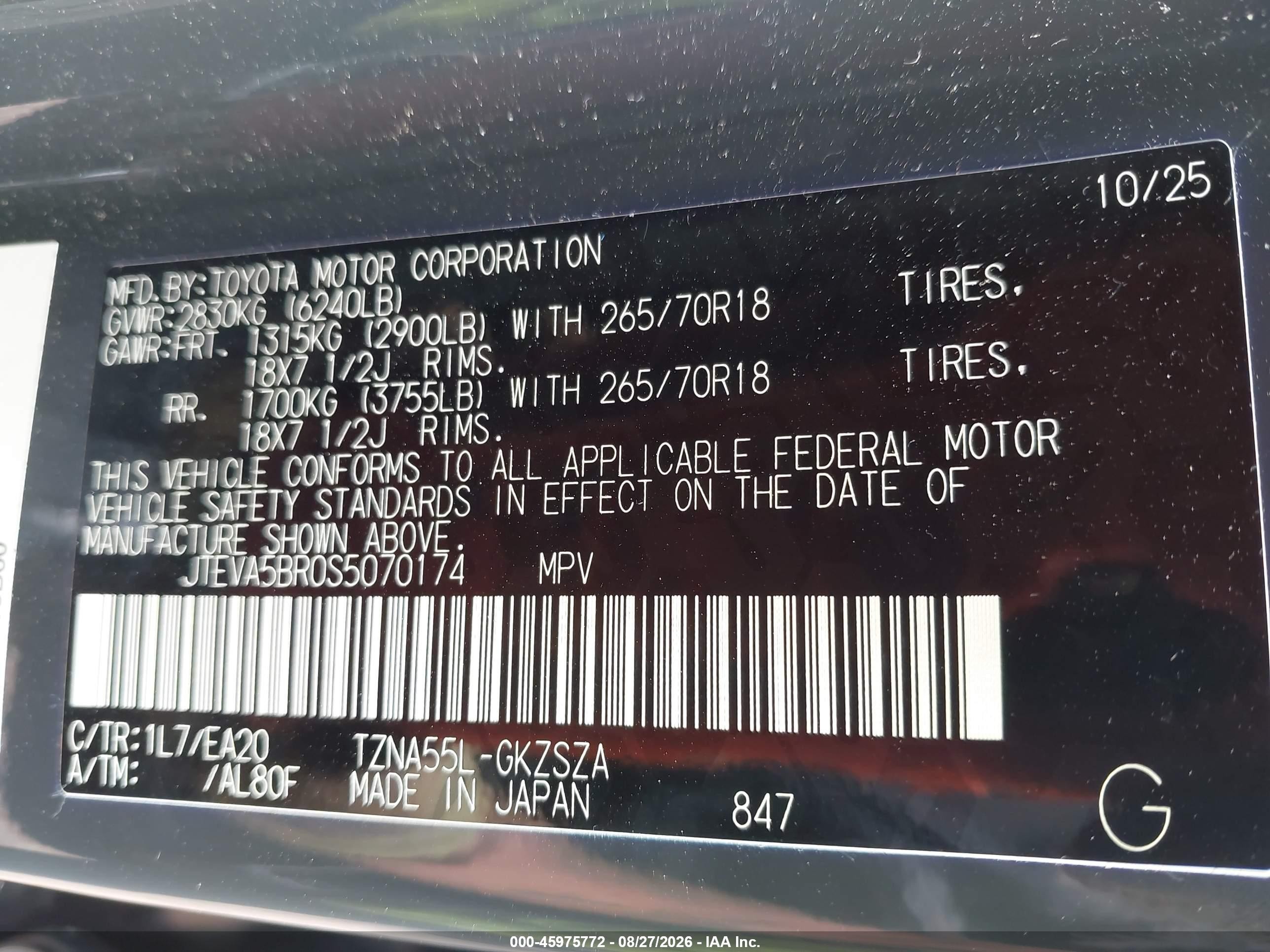 2025 Toyota 4Runner VIN JTEVA5BR0S5070174 IAAI salvage auction — Front & Rear, Salvage (Alabama), sold $31,000 on 2026-09-25 (photo 9)