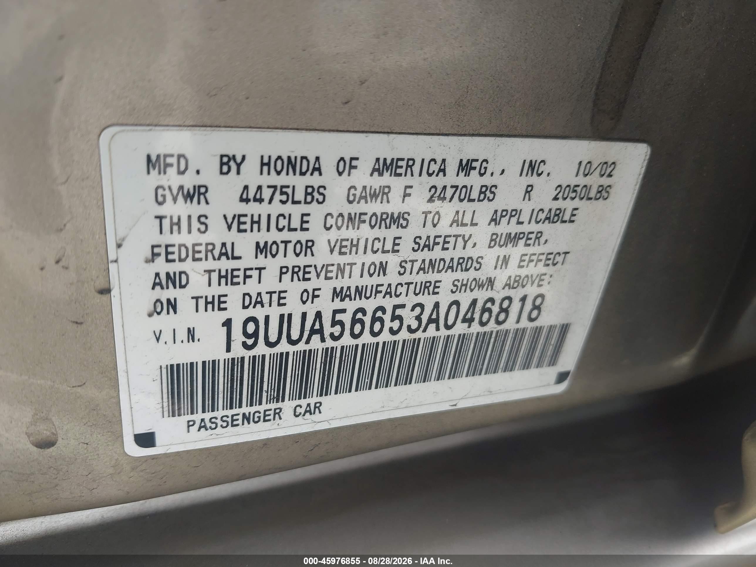 2003 Acura Tl VIN 19UUA56653A046818 IAAI salvage auction — Side, Salvage (California), sold $725 on 2026-09-11 (photo 9)