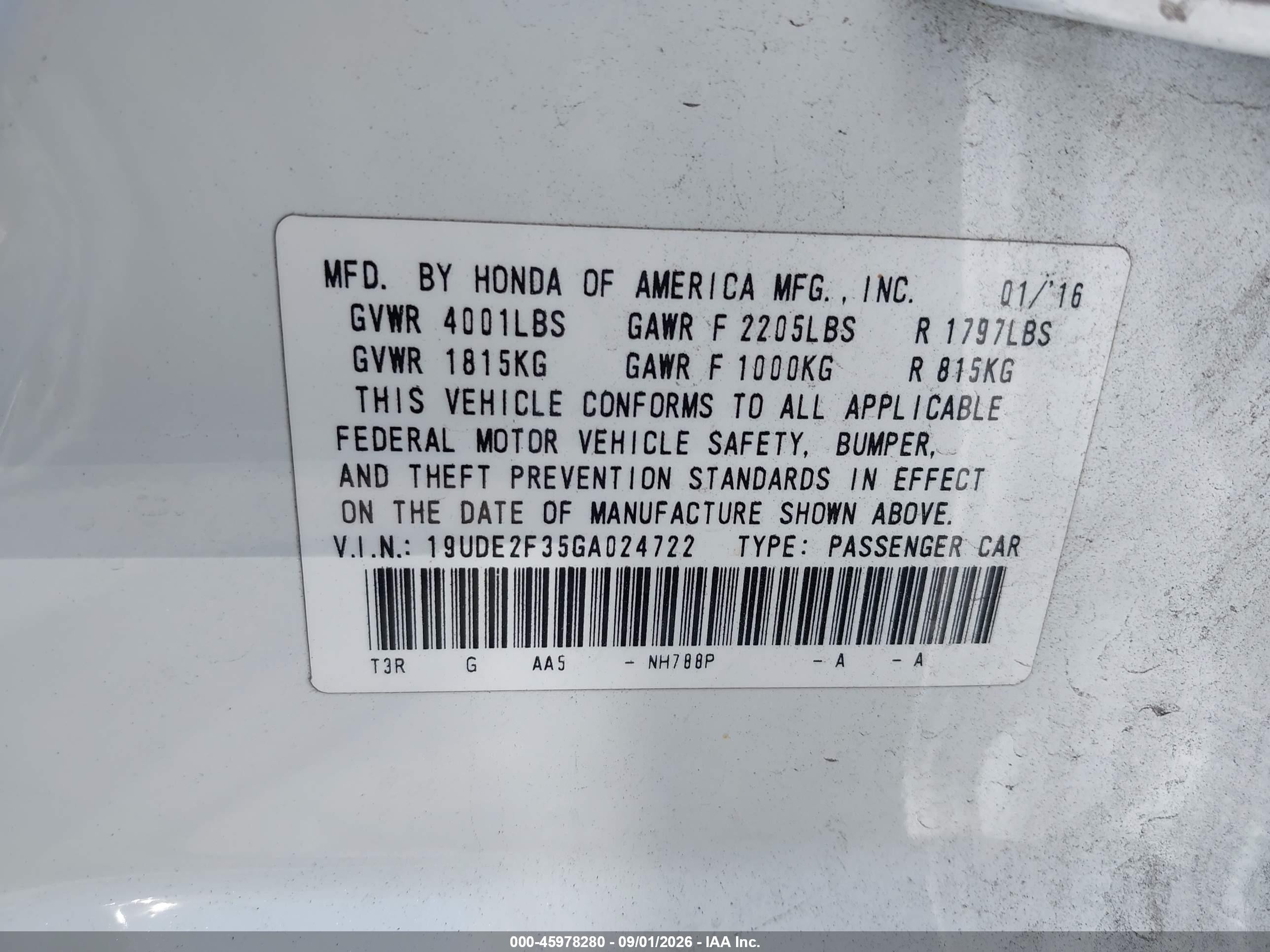 2016 Acura ILX VIN 19UDE2F35GA024722 IAAI salvage auction — Front End, Salvage Certificate (California), sold $2,700 on 2026-09-13 (photo 9)