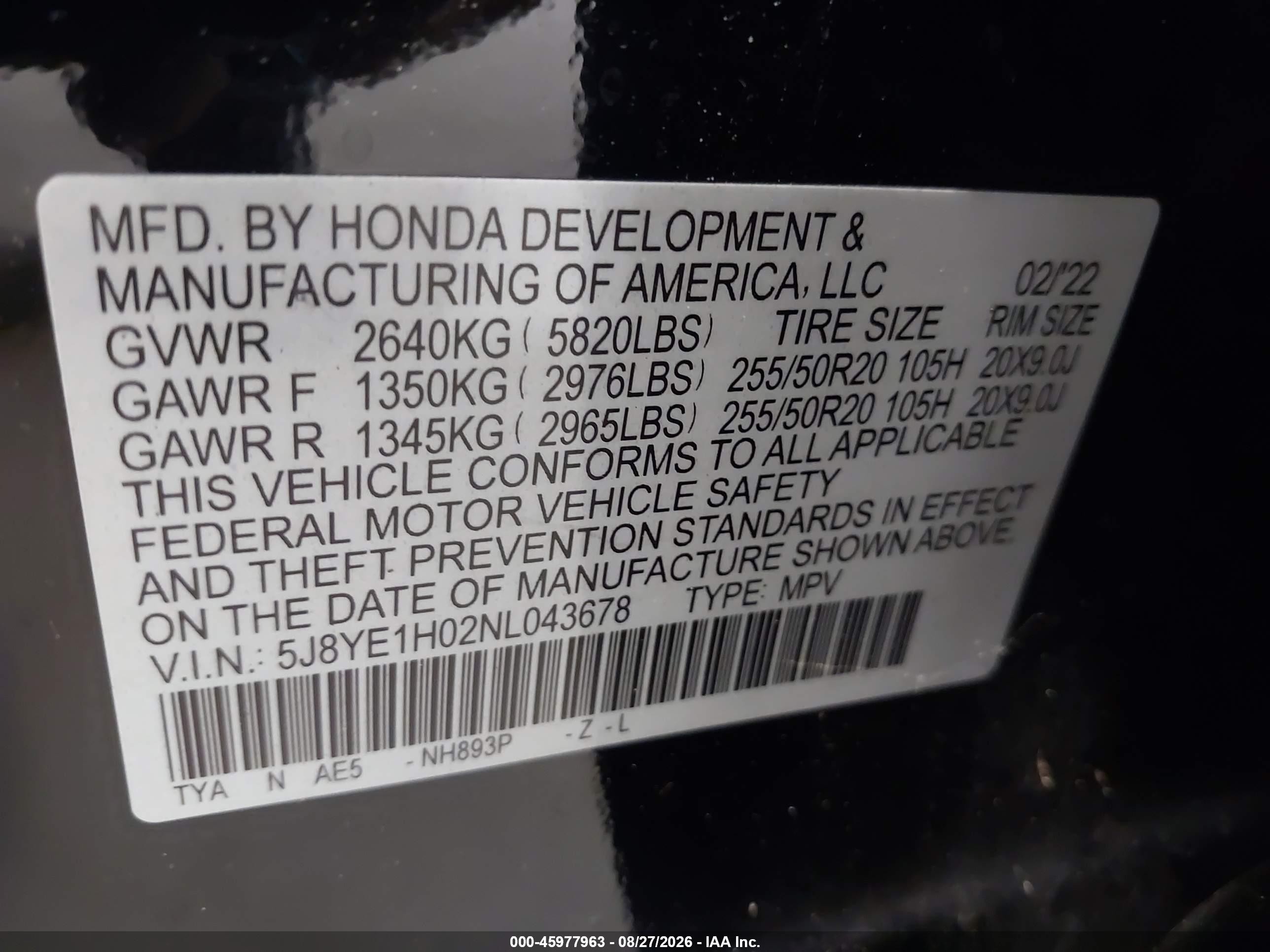 2022 Acura MDX VIN 5J8YE1H02NL043678 IAAI salvage auction — Theft, Mv-907A (New York), sold $20,600 on 2026-09-05 (photo 9)