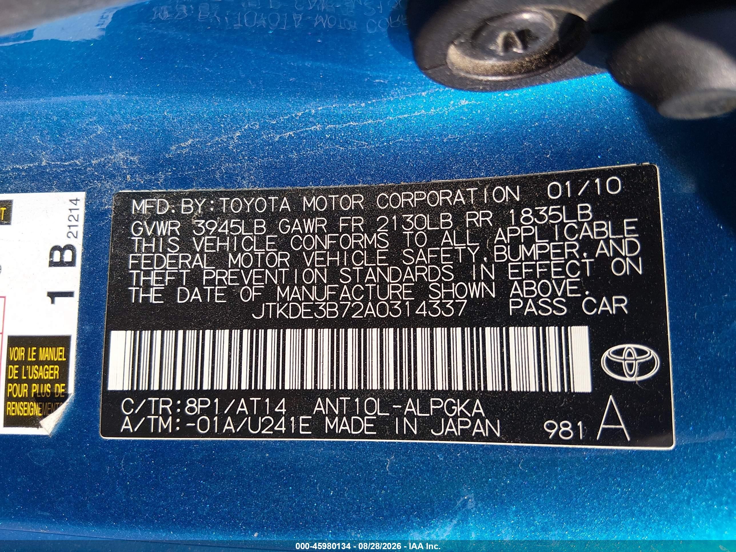 2010 Scion Tc VIN JTKDE3B72A0314337 IAAI salvage auction — Rear End, Salvage (Kansas), sold $550 on 2026-09-19 (photo 9)