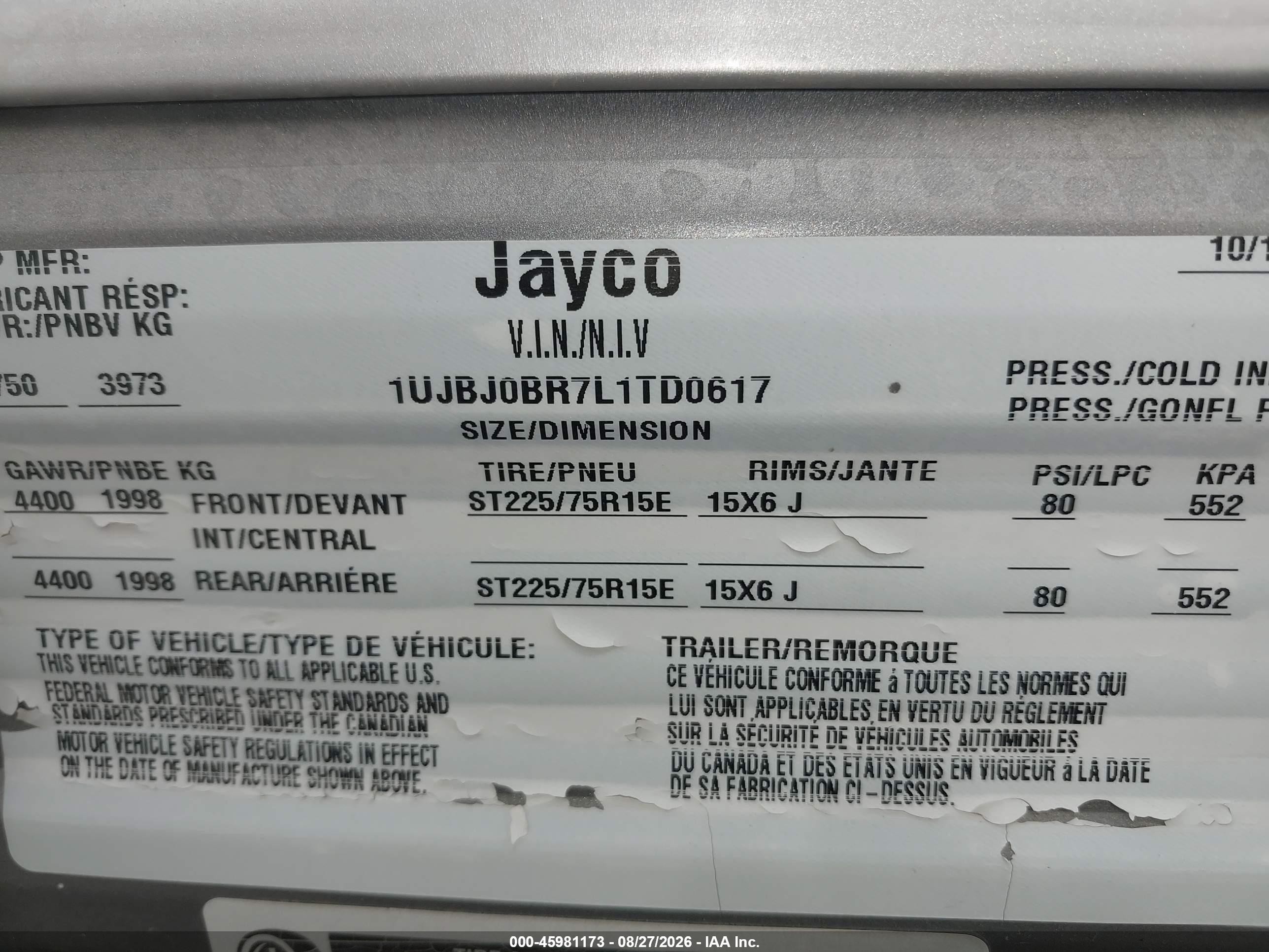 2020 Jayco Jay Flight VIN 1UJBJ0BR7L1TD0617 IAAI salvage auction — Rear End, Salvage (Arizona), sold $6,800 on 2026-10-03 (photo 9)