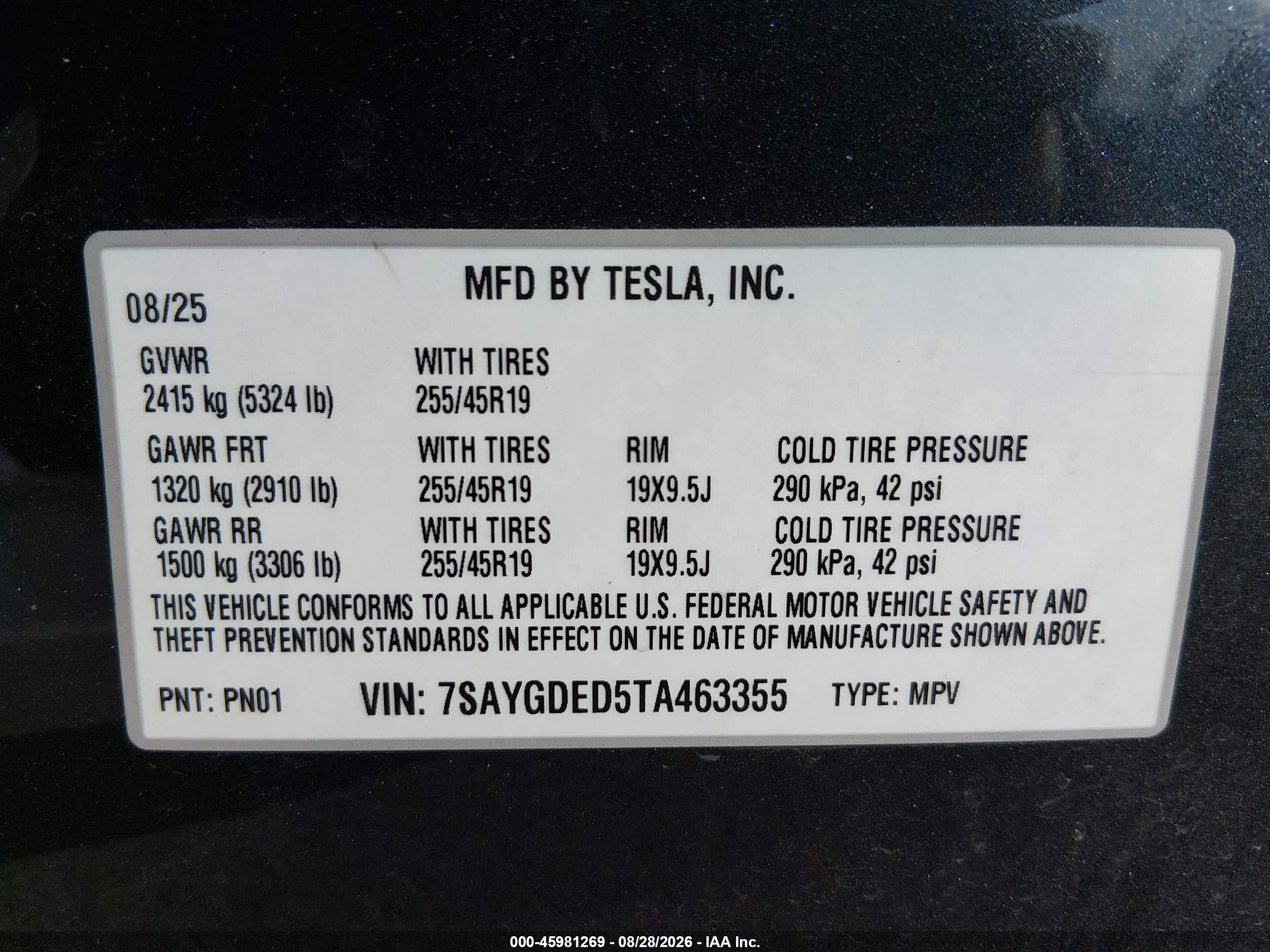 2026 Tesla Model y VIN 7SAYGDED5TA463355 IAAI salvage auction — Front End, Salvage (Louisiana), sold $18,600 on 2026-10-02 (photo 9)