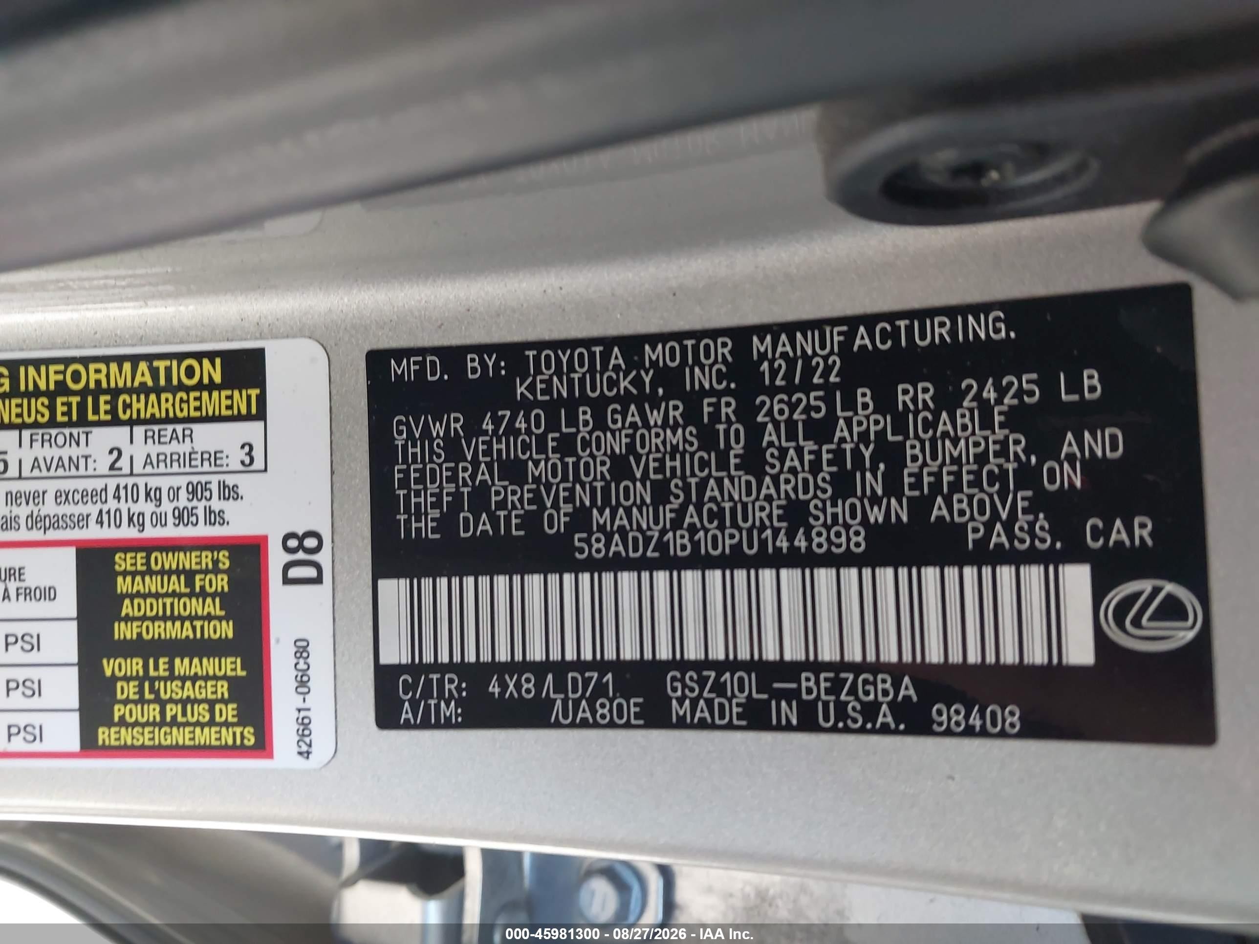 2023 Lexus ES VIN 58ADZ1B10PU144898 IAAI salvage auction — Front End, Certificate Of Destruction (Florida), sold $15,000 on 2026-09-26 (photo 9)