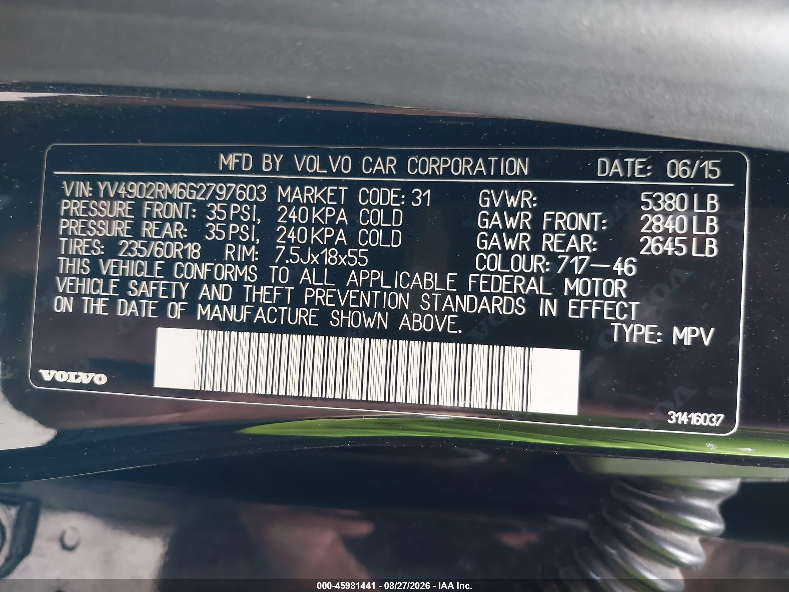 2016 Volvo Xc60 VIN YV4902RM6G2797603 IAAI salvage auction — Rear End, Salvage Certificate (California), sold $4,300 on 2026-09-30 (photo 9)