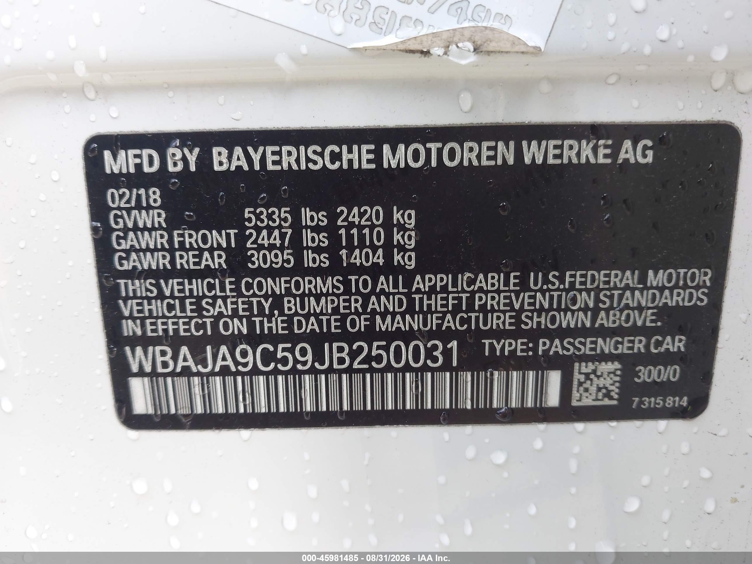 2018 BMW 5er VIN WBAJA9C59JB250031 IAAI salvage auction — Front End, Salvage (California), sold $7,400 on 2026-09-13 (photo 9)